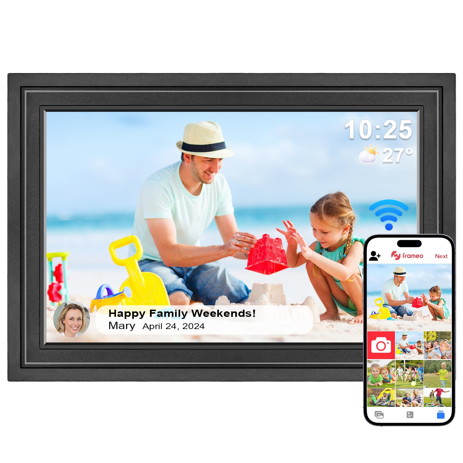 Marco de Fotos Digital WiFi de 10,1 Pulgadas, Memoria Integrada de 32 GB, Marco de Fotos con Pantalla Táctil IPS HD de 1280 x 800, Comparte Fotos o Vídeos al Instante a Través de la Aplicación Frameo