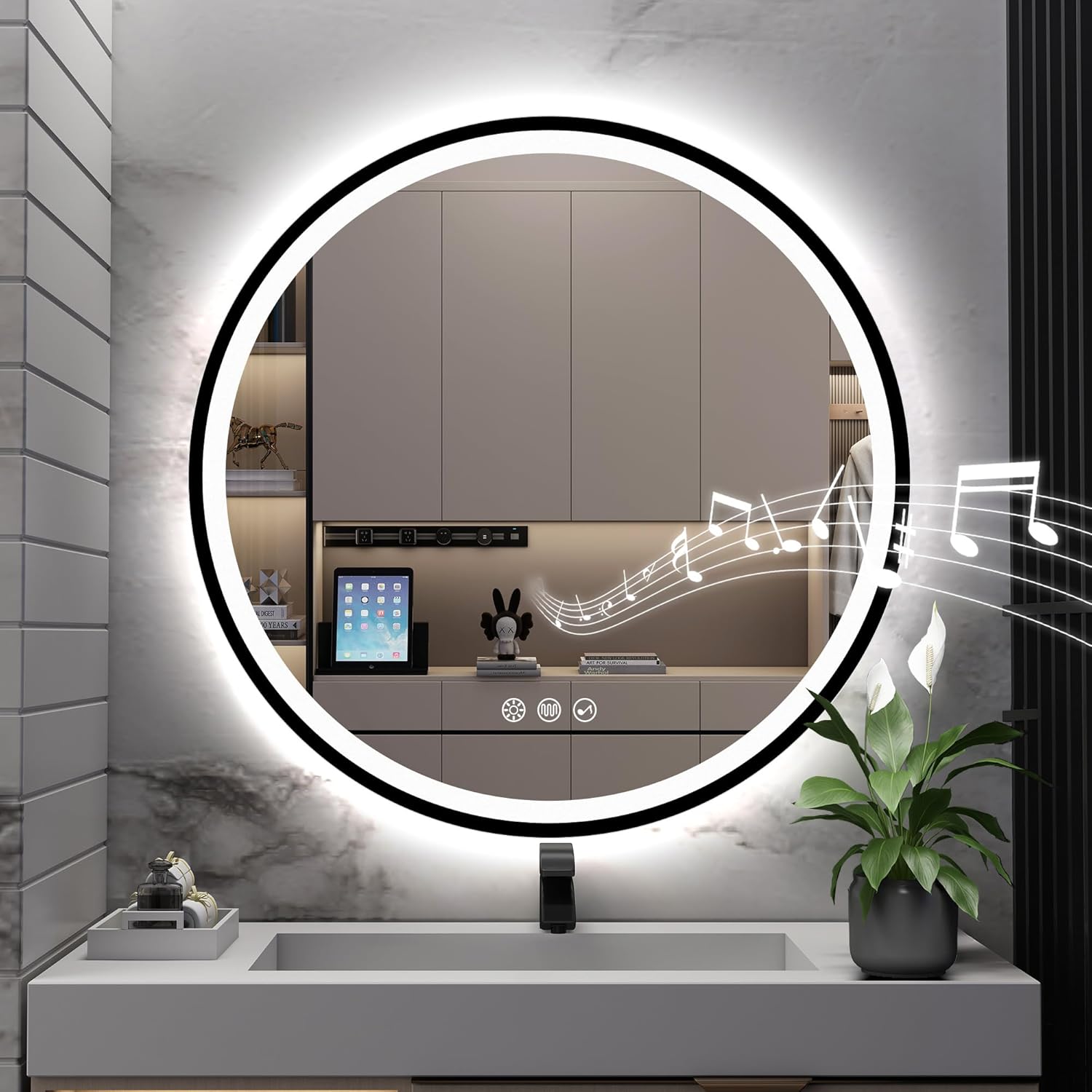 S·BAGNO 24’’ Round Led Bathroom Mirror with Lights, Bathroom Vanity Wall Mirror with Buletooth, Anti-Fog, Stepless Dimmable, 3 Colors, Tempered Glass Lighted Makeup Mirror for Bathroom Round-black 23.6"L x 23.6"W