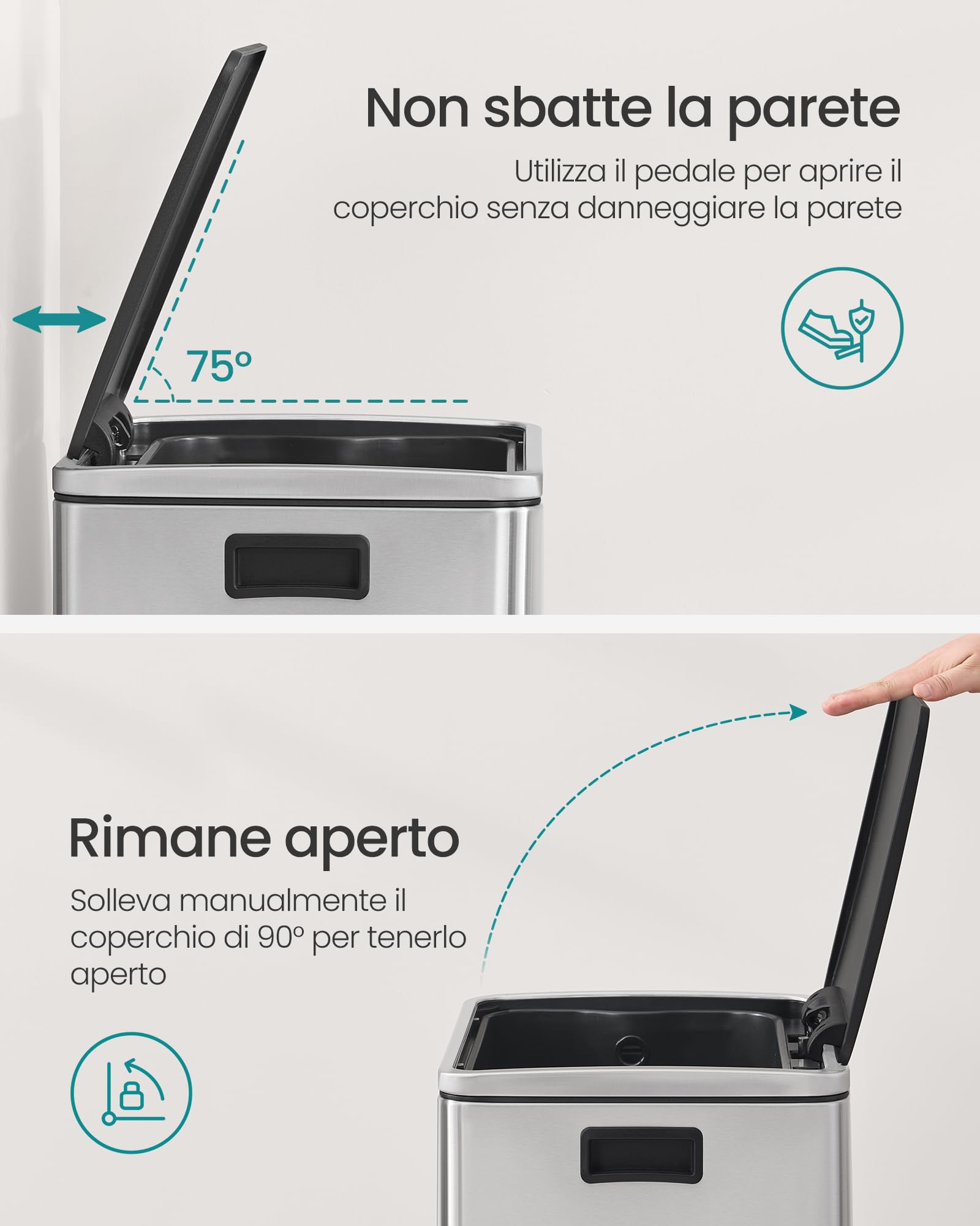 SONGMICS Pattumiera da Cucina 50 L, con 15 Sacchi per Spazzatura, Acciaio Inox, Secchio in Plastica Rimovibile, Cestino a Pedale con Coperchio Maniglie Chiusura Morbida, Colore Argento LTB595E01