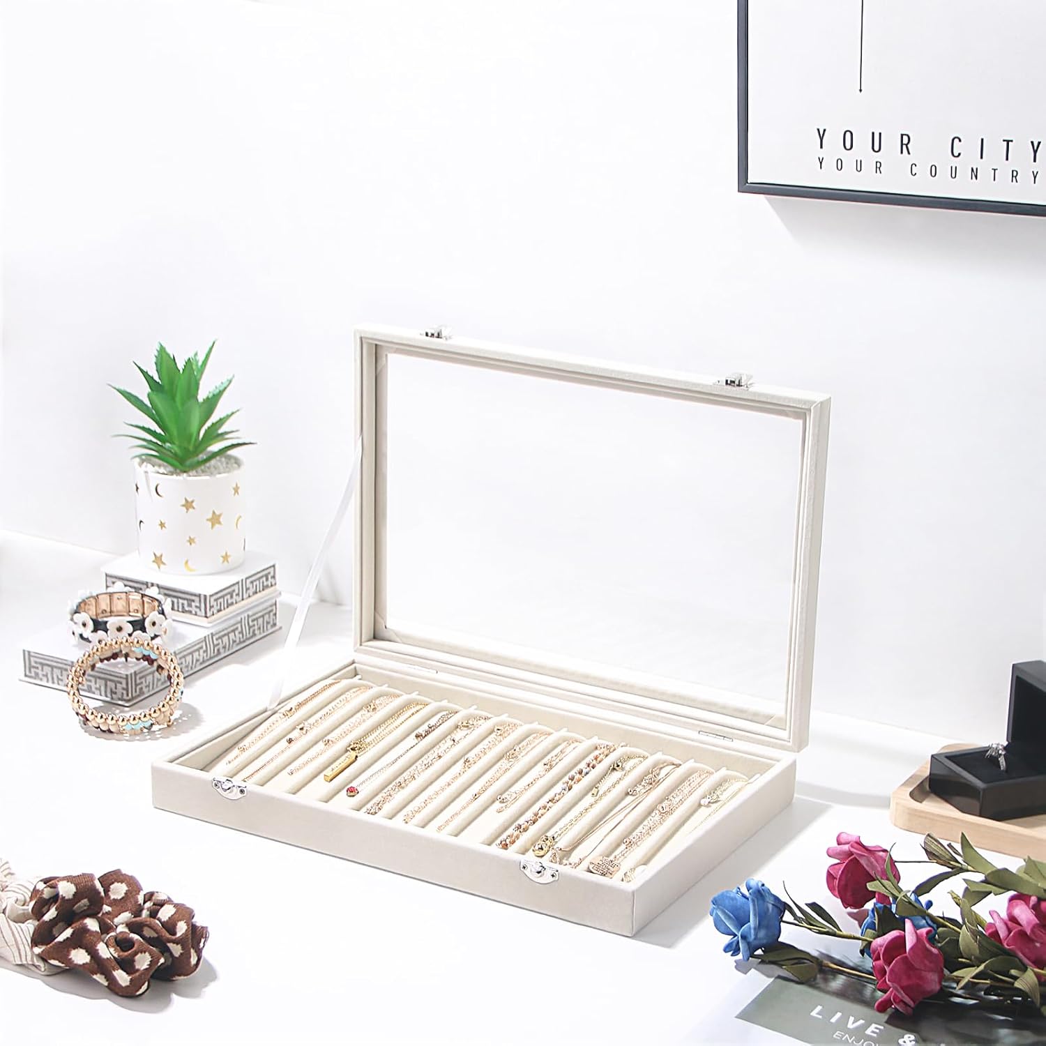 14 Hooks Necklace Storage Tray, Velvet Neckalce Organizer Box with Clear Lid, Pendant Chain Necklace Jewelry Organizer Drawer Tray for Women Girls (Beige) - Image 5