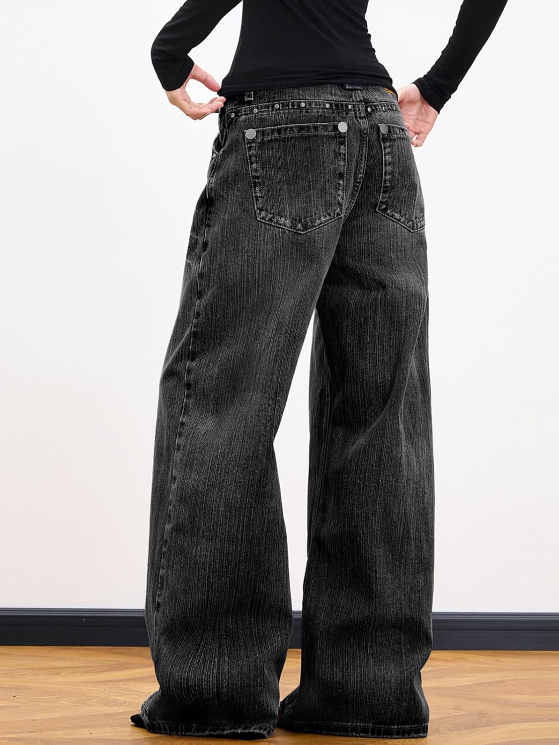 EMMIOL 2026 Women’s Mid High Waisted Wide Leg Jeans Rivet Y2K Baggy Jeans Trendy Loose Straight Denim Pants with Pockets - Image 4