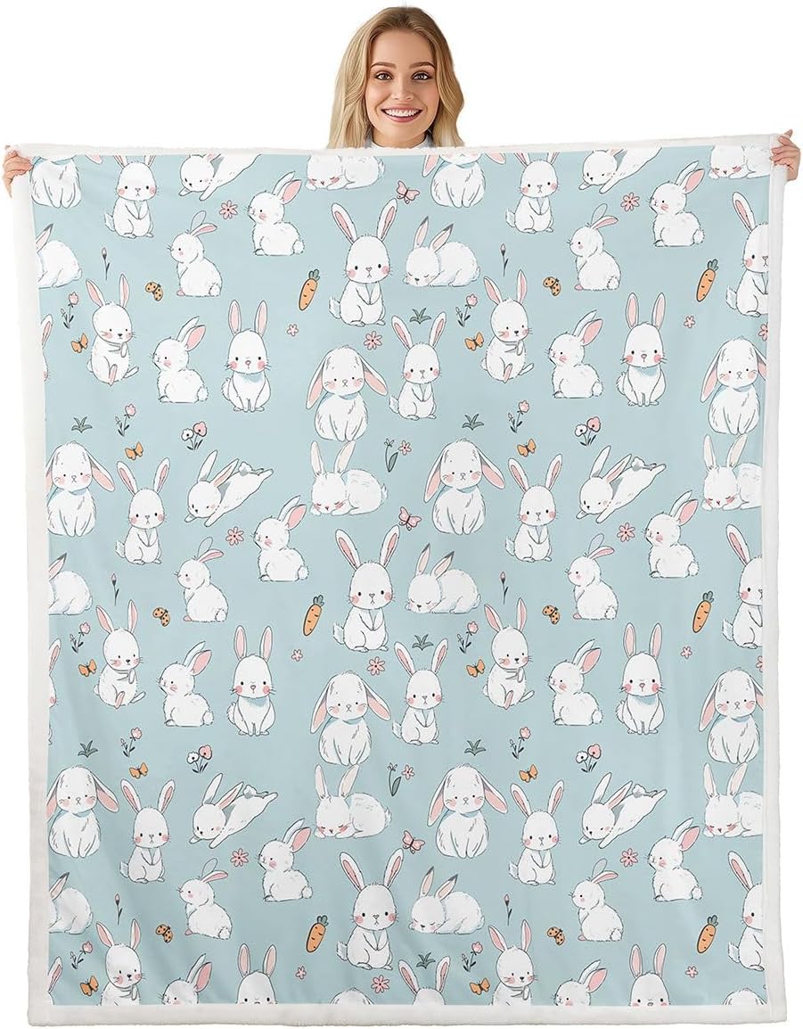 Erosebridal Kids Rabbit Blanket Cute Easter Rabbit Carrot Throw Blanket for Boys Girls Kawaii Animal Bunny Blue Fleece Blanket Spring Flowers Sherpa Blanket 60"x80"
