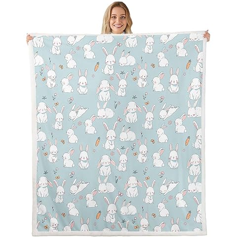 Erosebridal Kids Rabbit Blanket Cute Easter Rabbit Carrot Throw Blanket for Boys Girls Kawaii Animal Bunny Blue Fleece Blanket Spring Flowers Sherpa Blanket 40