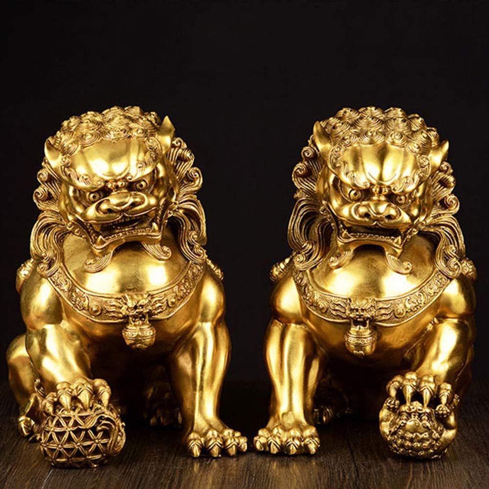 Beijing Lions Pair Fu Foo Dogs Statues (A Pair), Pure Laiton Chinois Feng Shui Decor Prosperity Accessories Figurine, Home and Office Wealth Good Luck Sculpture, Small