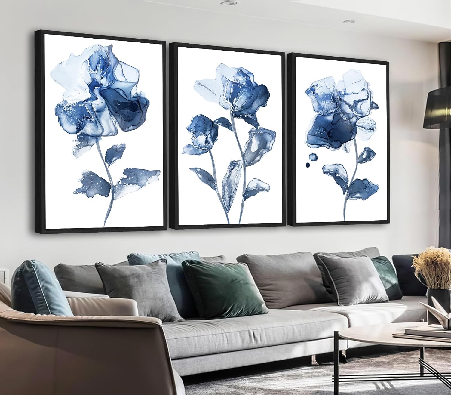 ASDCEUTICALS Aesthetic Canvas Wall Art - Framed Abstract Wall Decor Navy Blue Flowers Pictures Modern Paintings Botanical Art Prints for Living Room Bedroom Office Bathroom 16" X 24" X 3 Panels