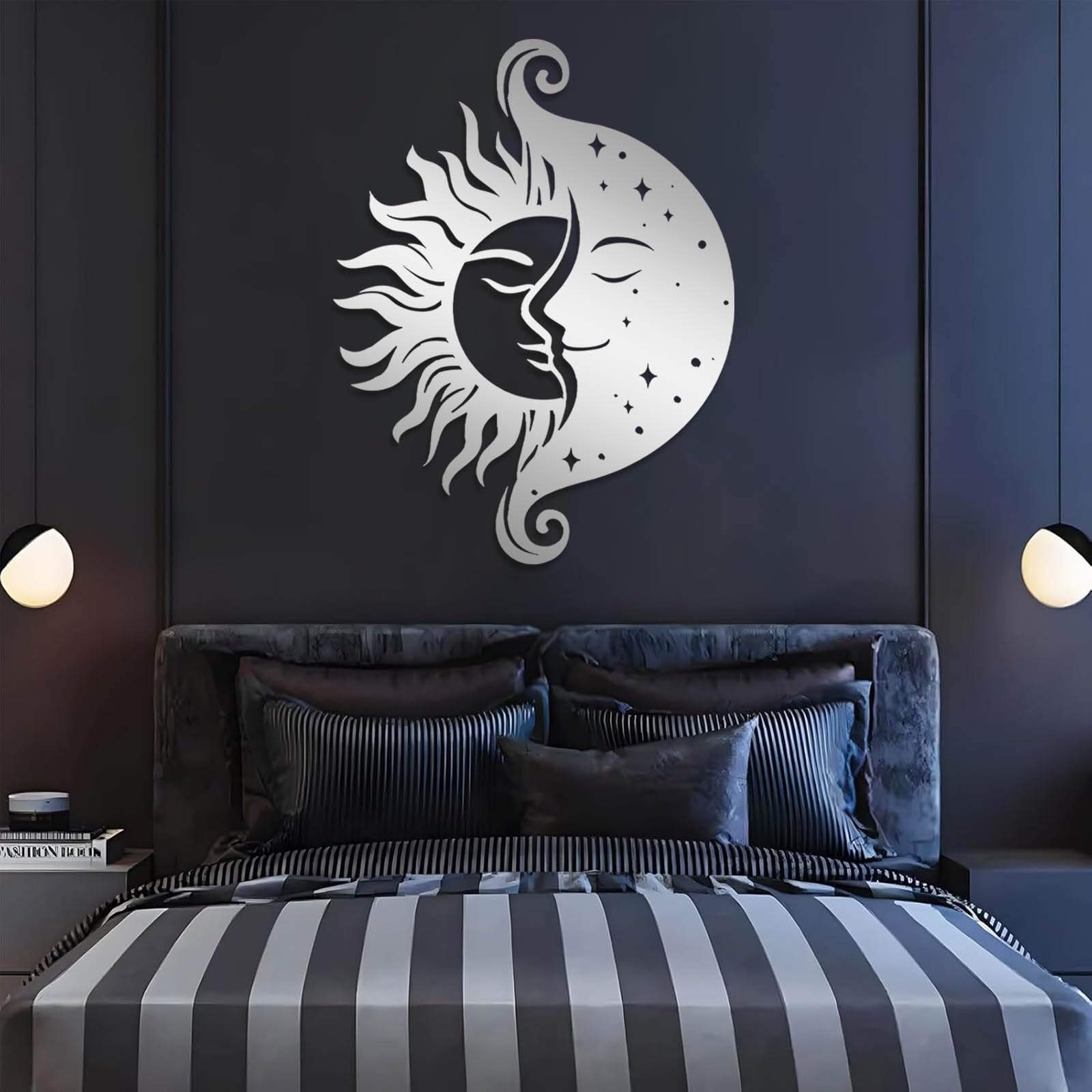 Decorazione da Parete in Metallo per Soggiorno Moderno Sole e Luna, Sole, Luna, Boho, Celestiale, Celestiale, da Appendere, da Appendere al Bagno (Nero, 41"x32"/105x8