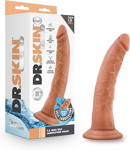 Blush Dr. Skin Glide - Consolador autolubricante de 7.5 pulgadas, se siente como la piel, pene realista, ventosa, anillo tórico compatible con anal,
