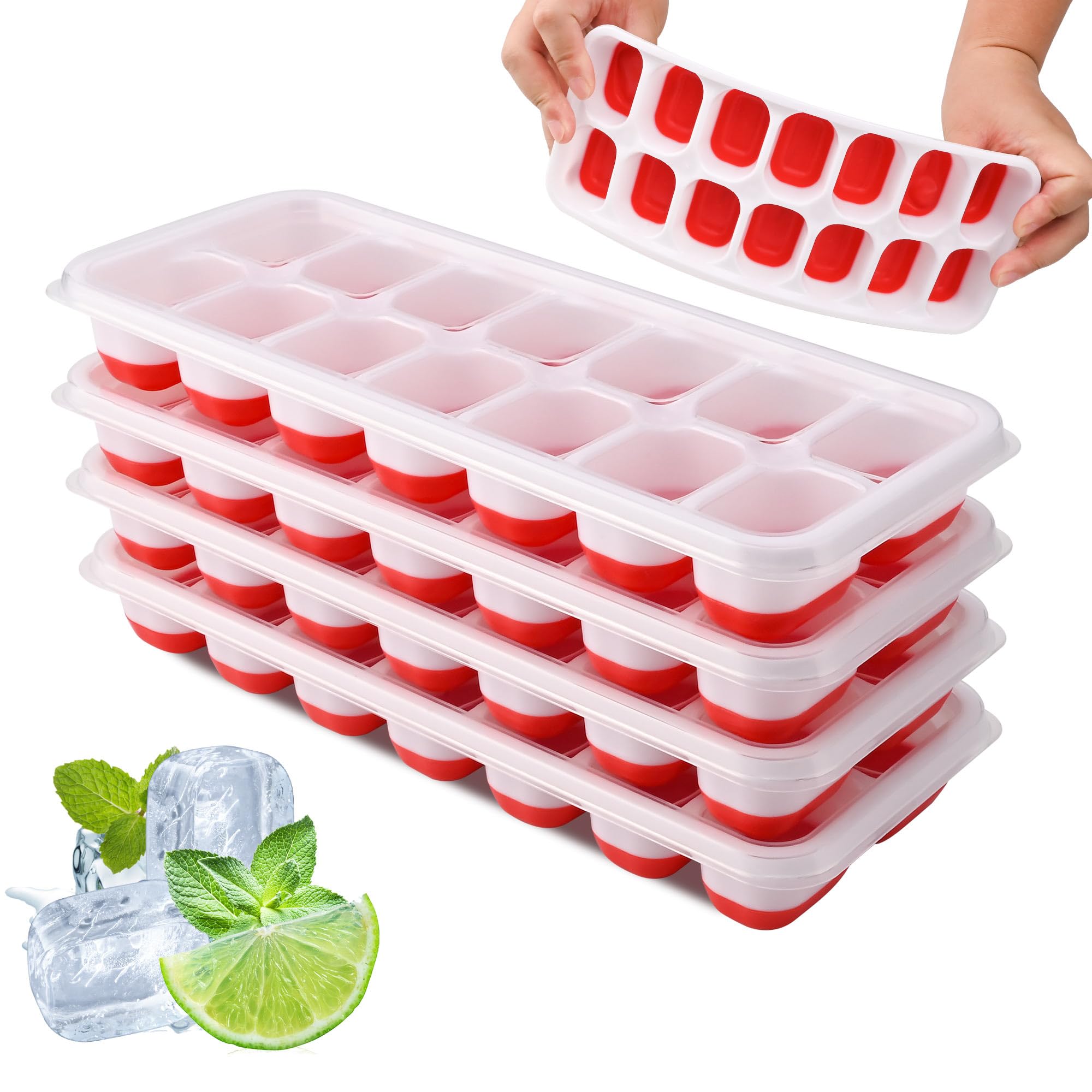 Ice Cube Tray, 4 Pack Silicone Ice Cube Tray with Lid, Easy Release BPA Free Ice Trays for Freezer, Ice Cube Moulds for Whiskey, Cocktails, Drinks(Red)