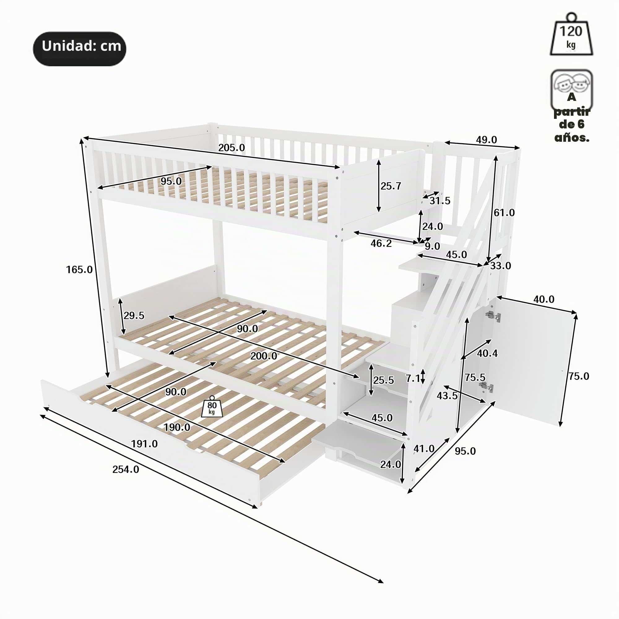Idemon Litera (sin colchón), cama infantil, con cama nido, con estantería, con armario, con compartimento de almacenamiento, 90 x 200 cm, color blanco