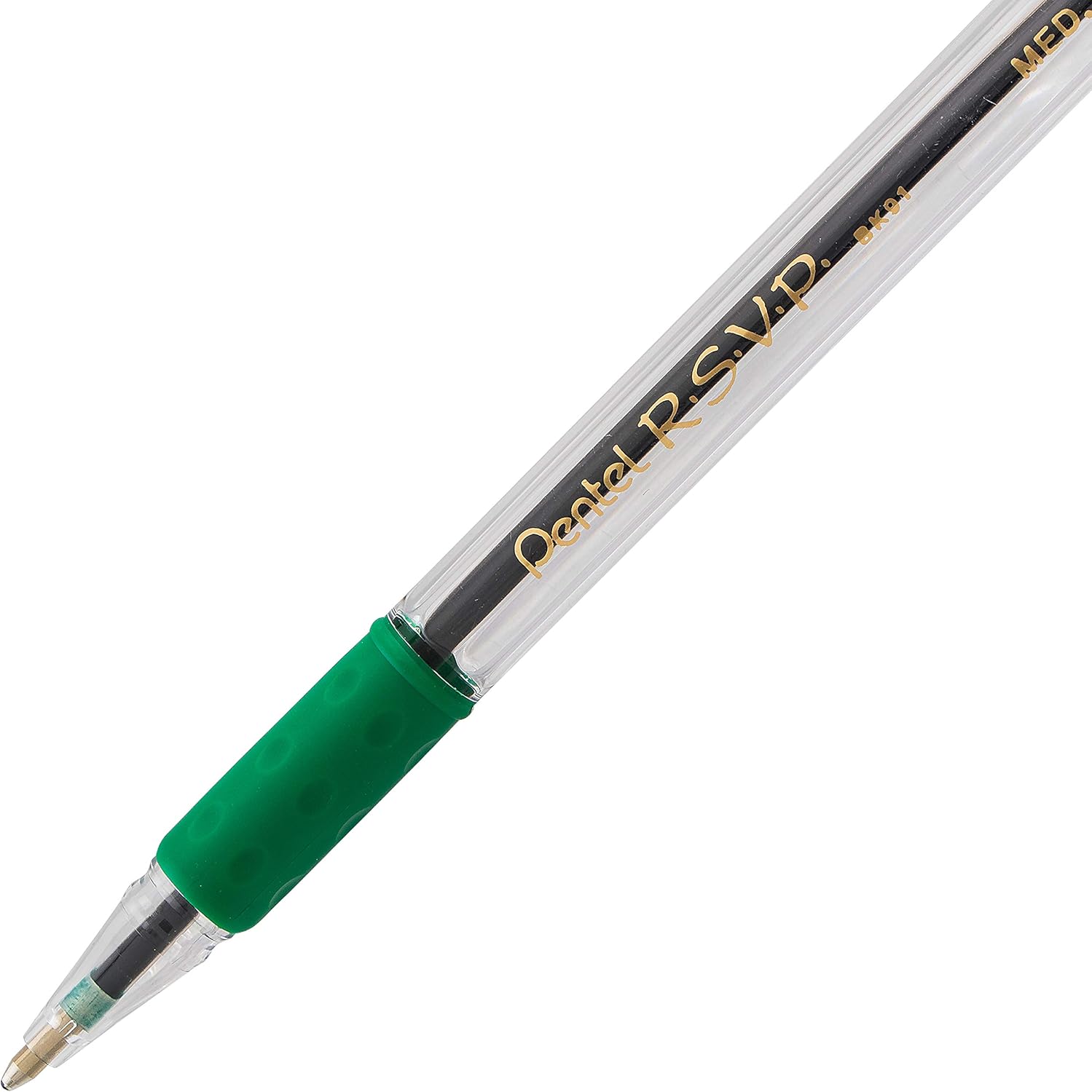 Pentel R.S.V.P. Ballpoint Pen, 1.0mm Medium Tip, Green Ink, Box of 12 (BK91-D) (Pack of 2)