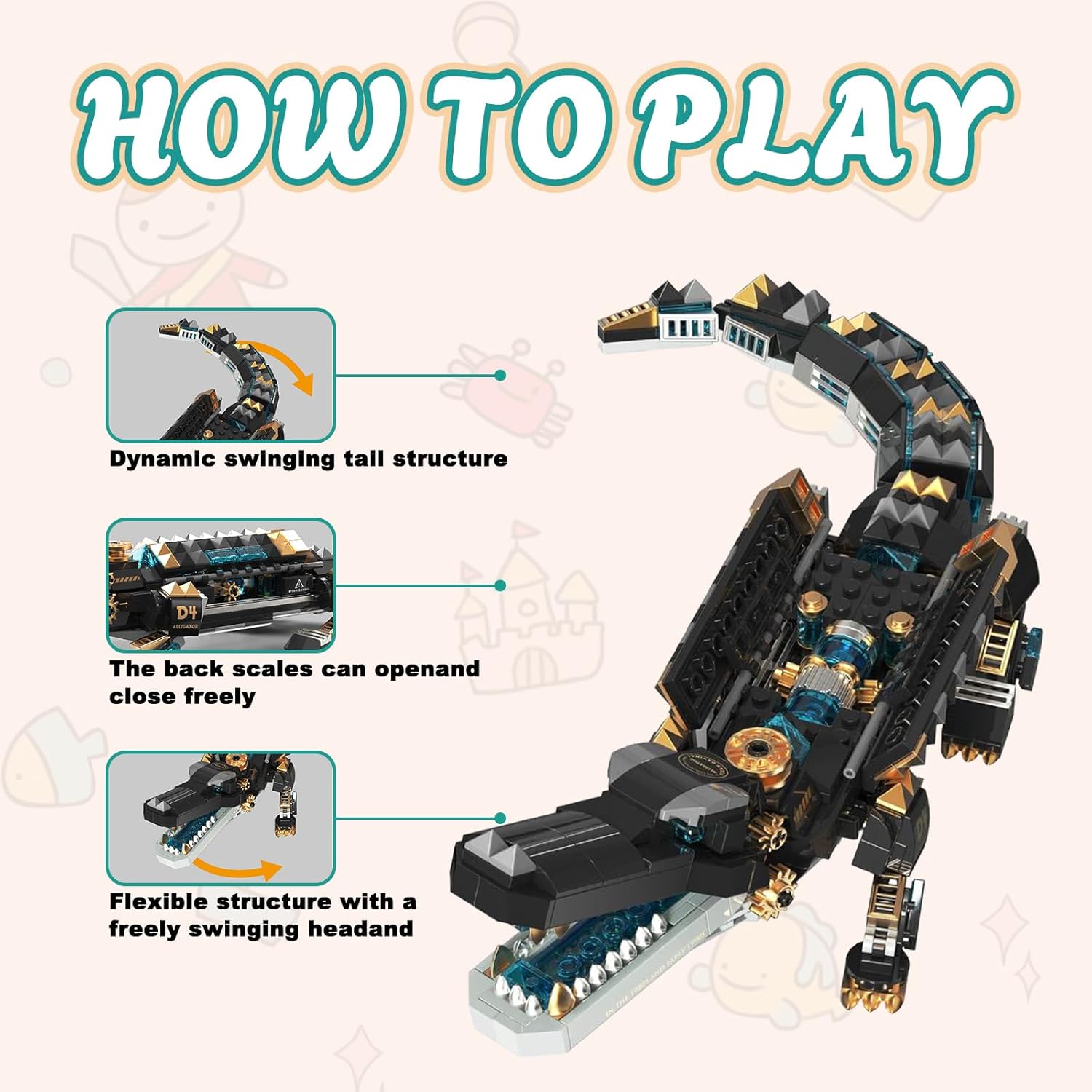 Mechanical Alligator Building Set 541 Pieces Steampunk Crocodile Model Kit with Golden Nameplate Articulated Swamp Beast Construction Toy Cyberpunk Bio-Animal Decor Gift for Adults Teens