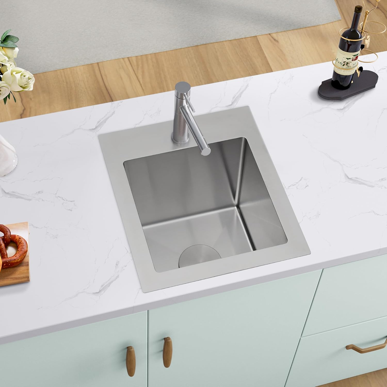 MILOSEN Bar Sink 15''×17'', Drop in T304 Stainless Steel Sink, Topmount Small Kitchen Sinks with Custom Accessories, Single Bowl RV Outdoor Prep Sinks