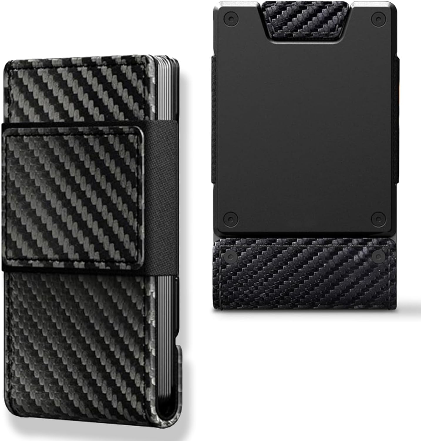 Slim Wallet for Men - Minimalist Compact Wallet and 25+ Card Holder, RFID Protected Front Pocket Wallets for Men with Integrated Elastic 10+ Cash Strap (Carbon Genuine Leather｜Black Metal)