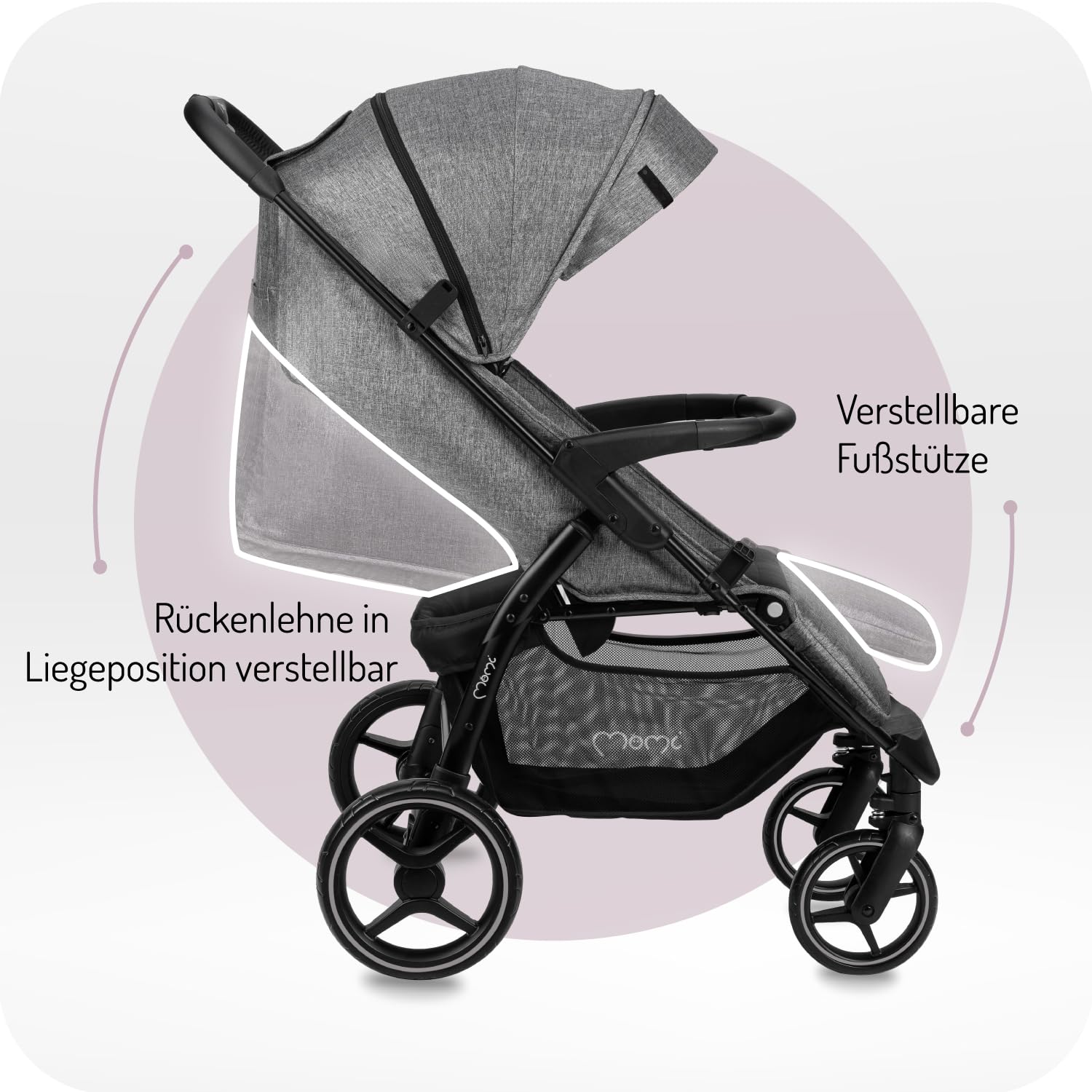 Illustration showing the adjustable backrest and footrest of the MoMi MIYA EVA stroller.