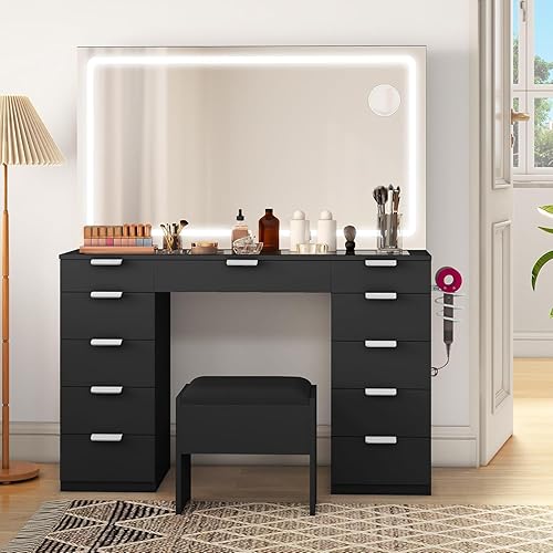 YITAHOME Juego de escritorio con espejo iluminado grande y toma de corriente, tocador de maquillaje de 46 pulgadas