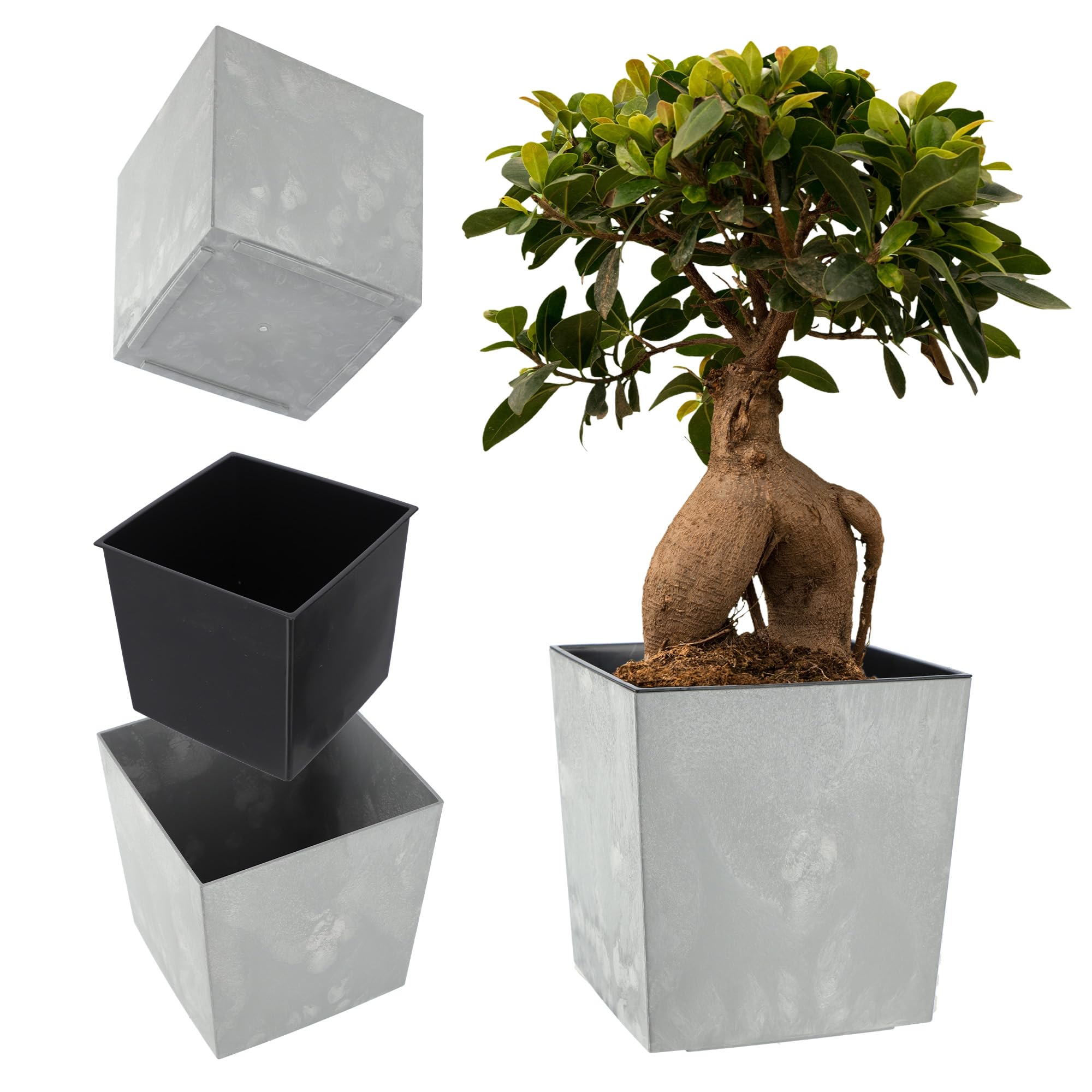 KADAX Blumentopf aus Kunststoff, wetterfester Gartentopf für Balkon, Terrasse, Innenbereich, Leichter Topf mit Einlage, Pflanzentöpf, Blumenkübel (Beton Grau, Höhe: 25,7 cm)