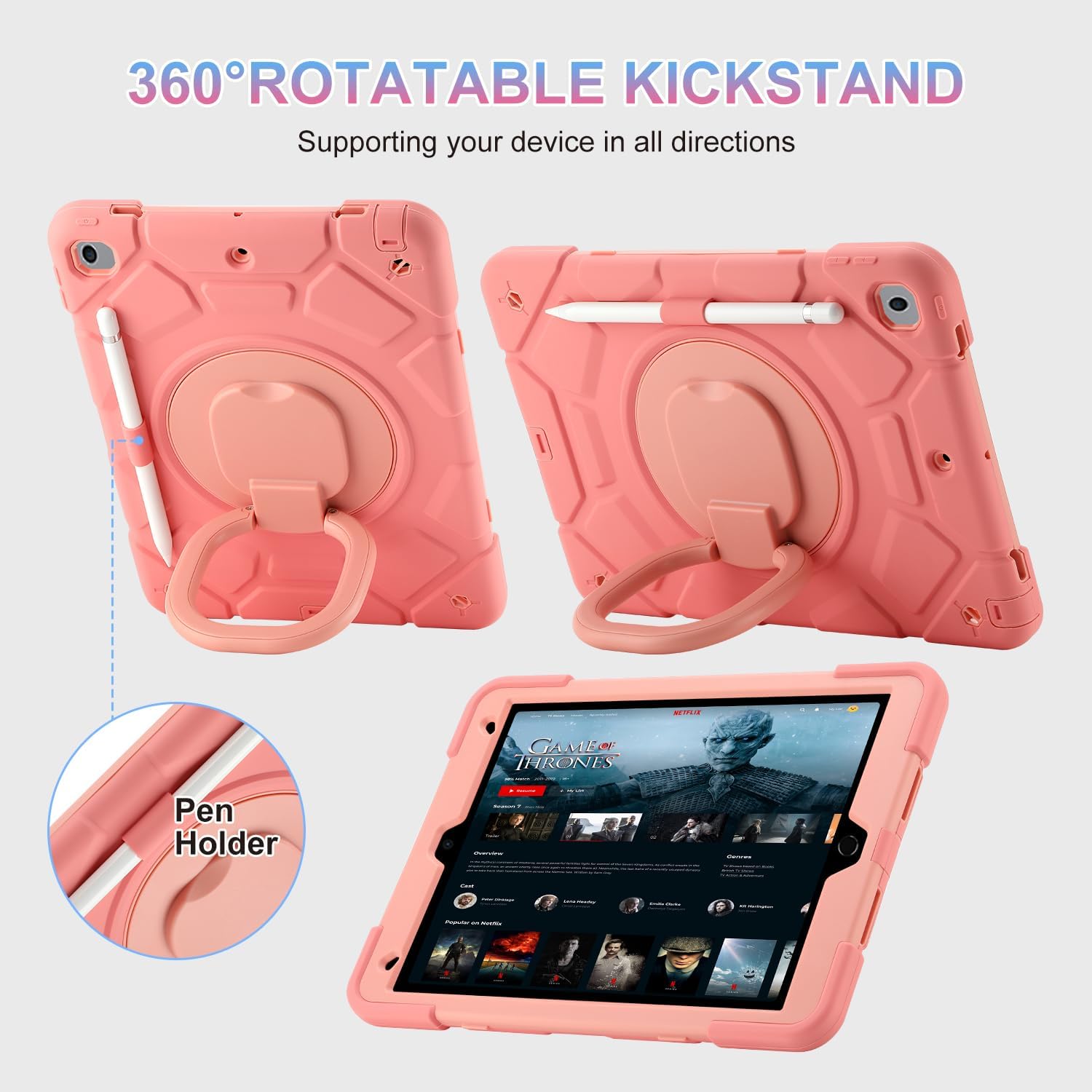 for iPad 9th/8th/7th Generation Case 10.2",Heavy Sturdy Shockproof Kids Cover with Rotating Stand/Pencil Holder/Shoulder Strap for iPad 10.2 Case 2021/2020/2019 Girls (Pink)