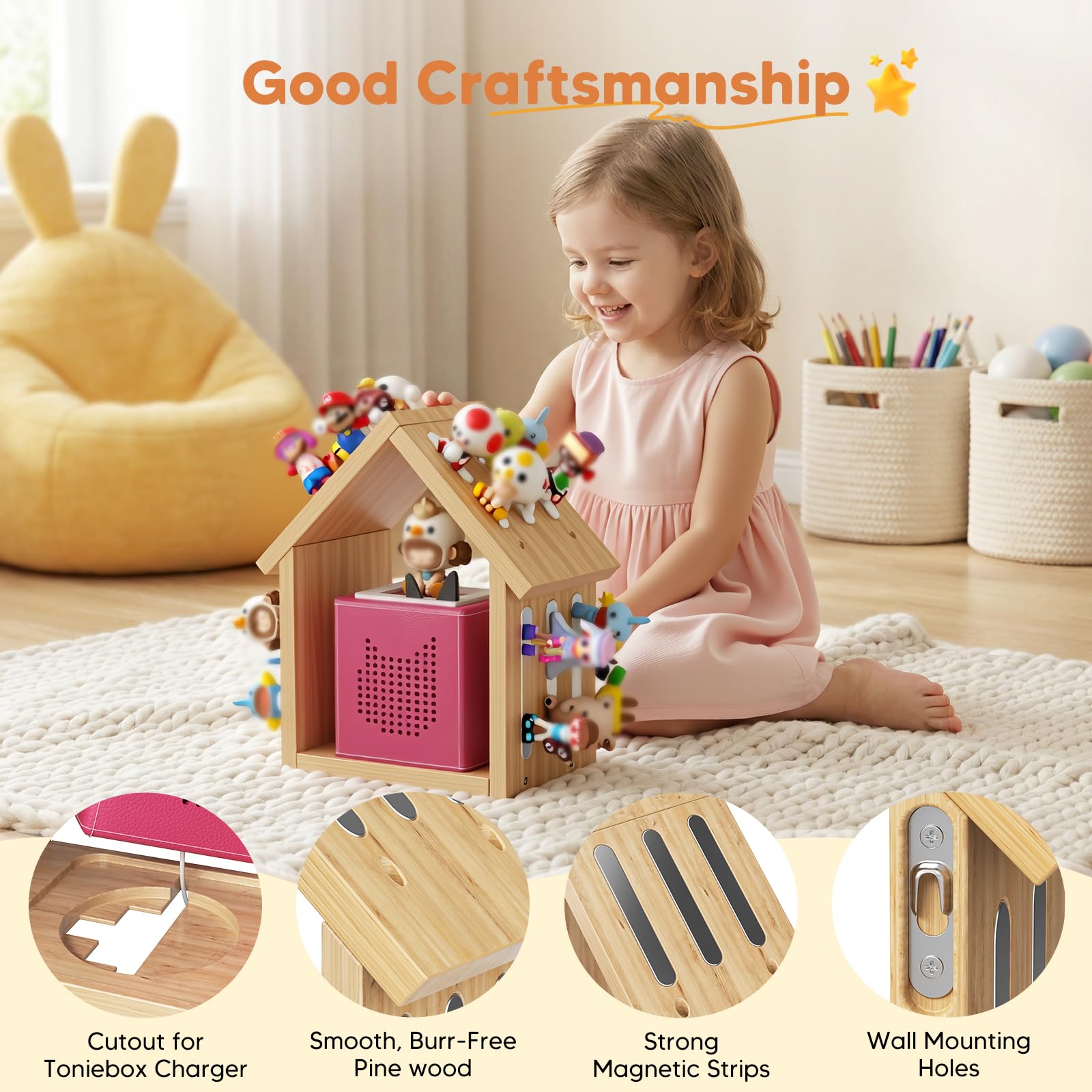 Étagère murale en bois pour figurines Tonies (12 à 40 pièces), étagère murale avec bandes magnétiques pour le rangement, étagère de présentation pour Tonies & Toniebox, design maison (moyen)