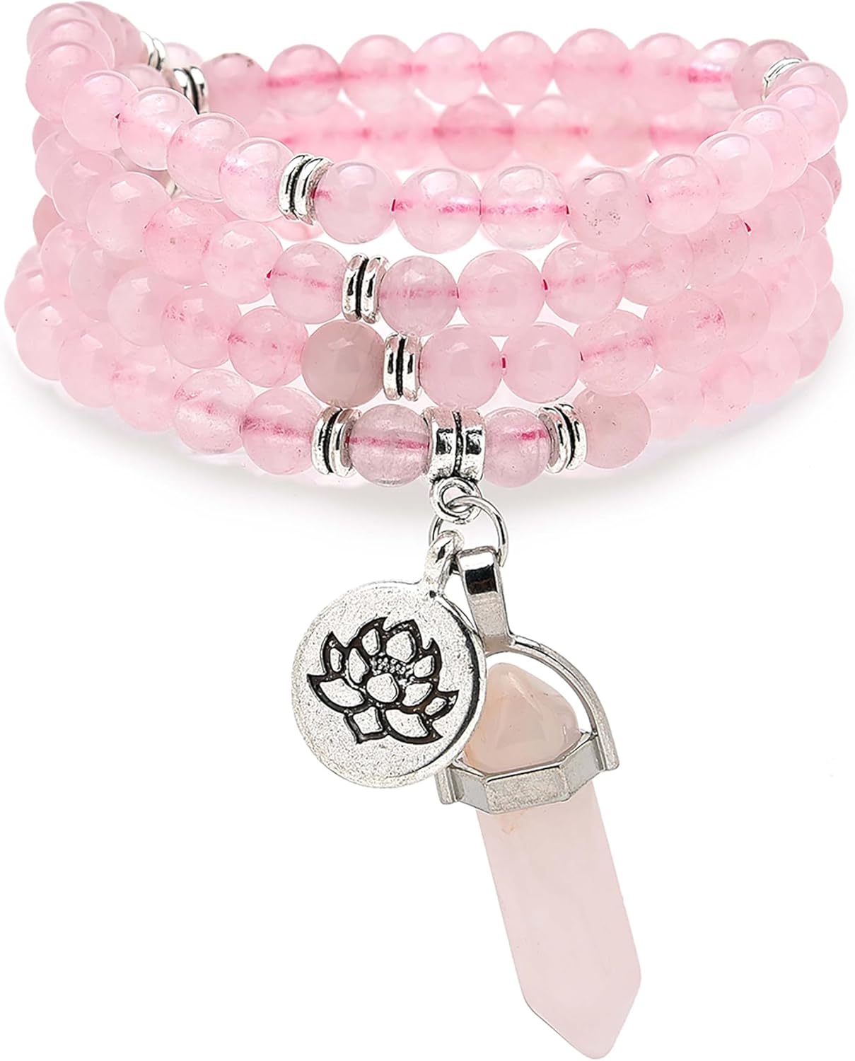108 Natural Mala Prayer Beads Bracelet Necklace with Lotus Charm and Reiki Quartz Hexagonal Prism Pendant