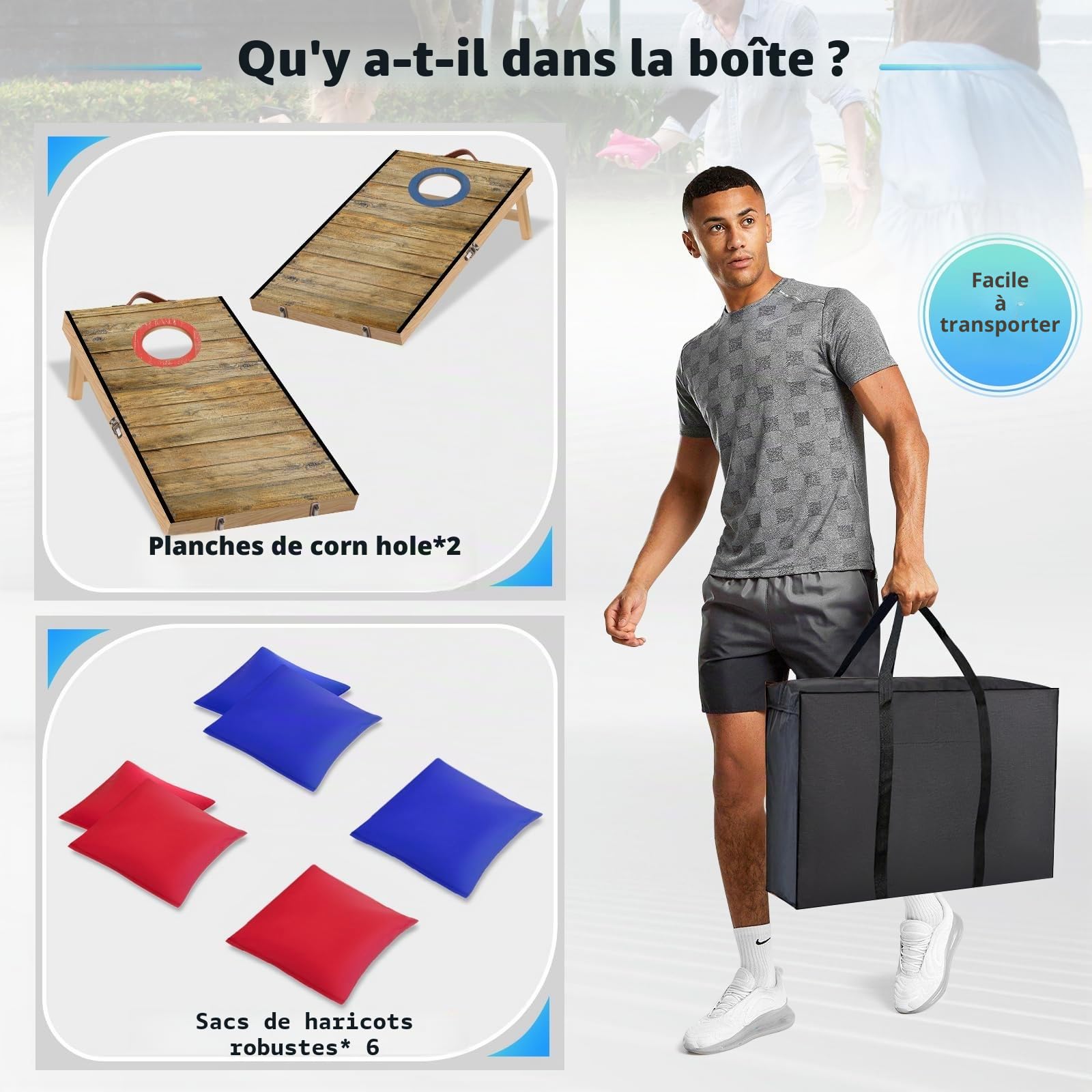 NZQXJXZ Cornhole Jeu Complet, 60 x 30 cm Planches à Trous de Maïs de Qualité Supérieure en Bois Massif avec 6 Poufs et Un Sac de Transport, Ensemble de Jeu de Lancer de Maïs pour Famille et Adultes