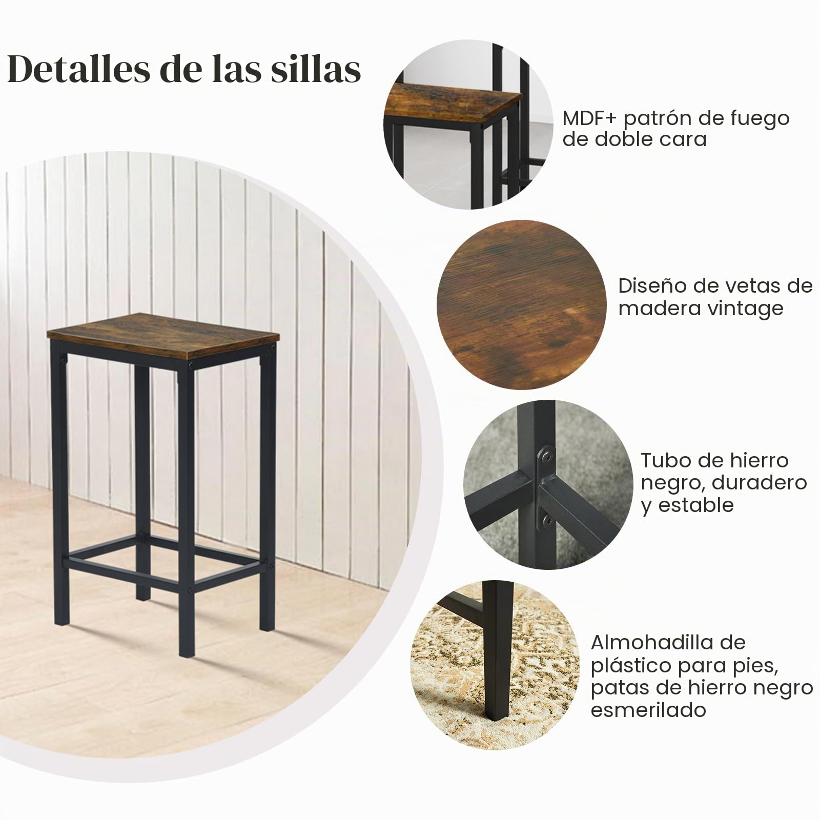 Juego de mesa de comedor y silla, mesa de bar con 4 sillas, cocina, salón, mostrador de bar, estructura de acero, diseño industrial, mesa de bar 100 x 60 x 90 cm, silla de bar 30 x 40 x 65 cm,