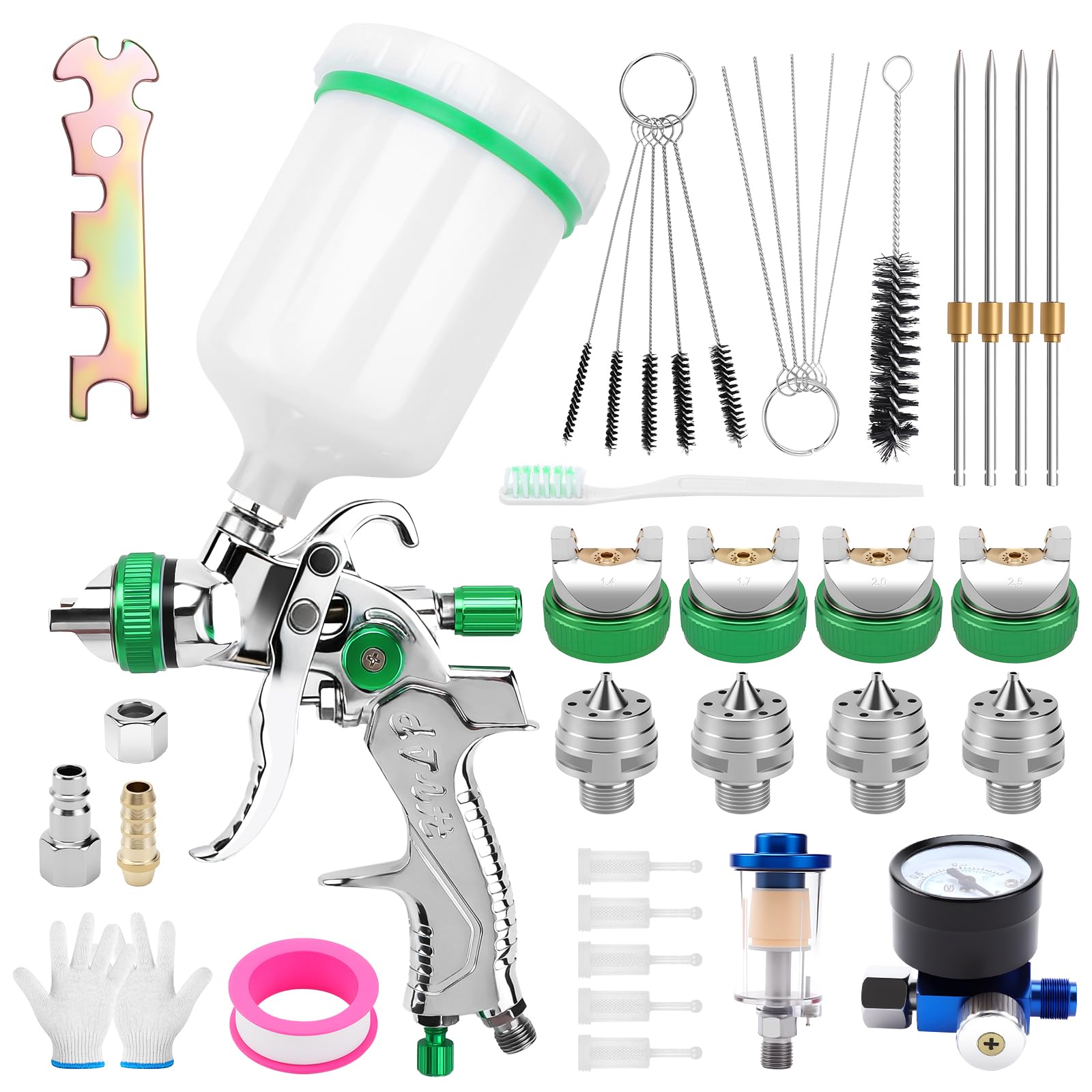 HVLP Pistola Verniciatura Professionale con 4 Ugelli 1,4/1,7/2,0/2,5 mm | Pistola a Spruzzo per Verniciare ad Aria Compressa con Kit di Pulizia, Serbatoio 600 ml per Pareti, Auto, Mobili