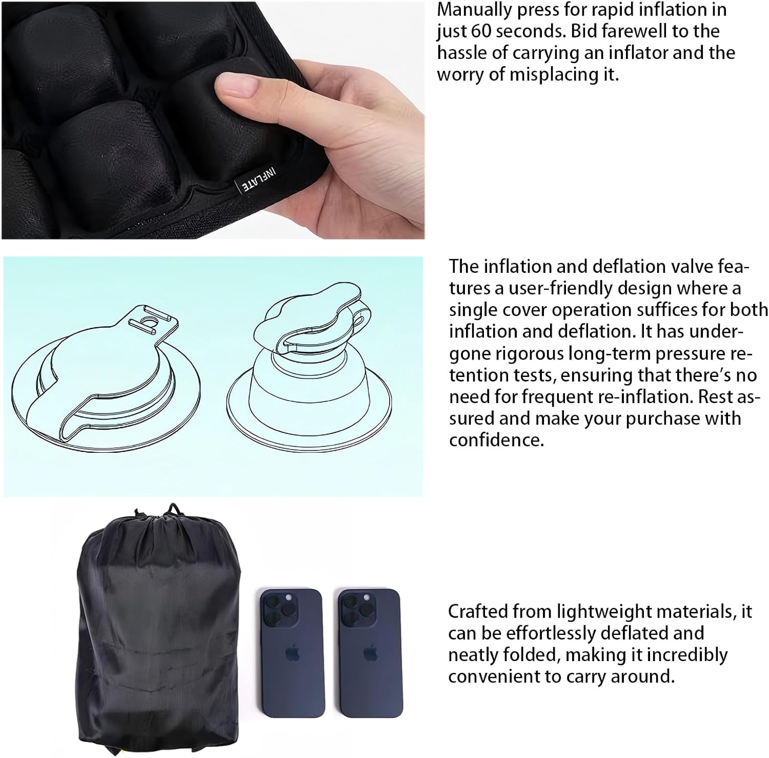 Inflatable Wheelchair Cushion - Pressure Relief & Ulcer Prevention, Pain Relief for Long Sitting, Air Seat Cushion with Manual Push Inflation (45cm*45cm*5cm)
