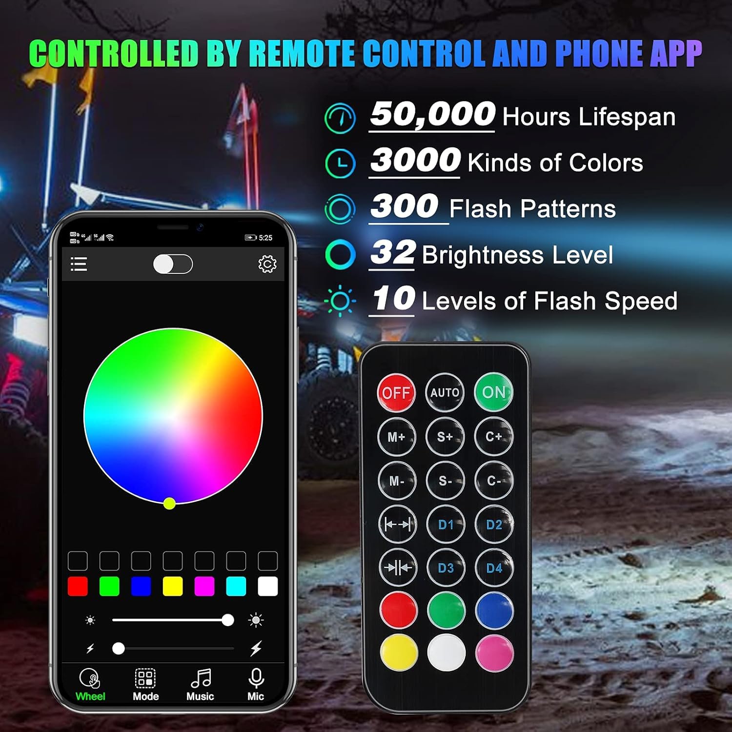 Whip Lights - AUTOOMMO 2Pcs 3FT Spiral RGB LED Chasing Whip Light with Gadsden/American/Skull Flags Remote and APP Control 300 Flash Patterns for UTV ATV Off-Road Truck Sand Buggy Dune RZR Can-Am : Automotive