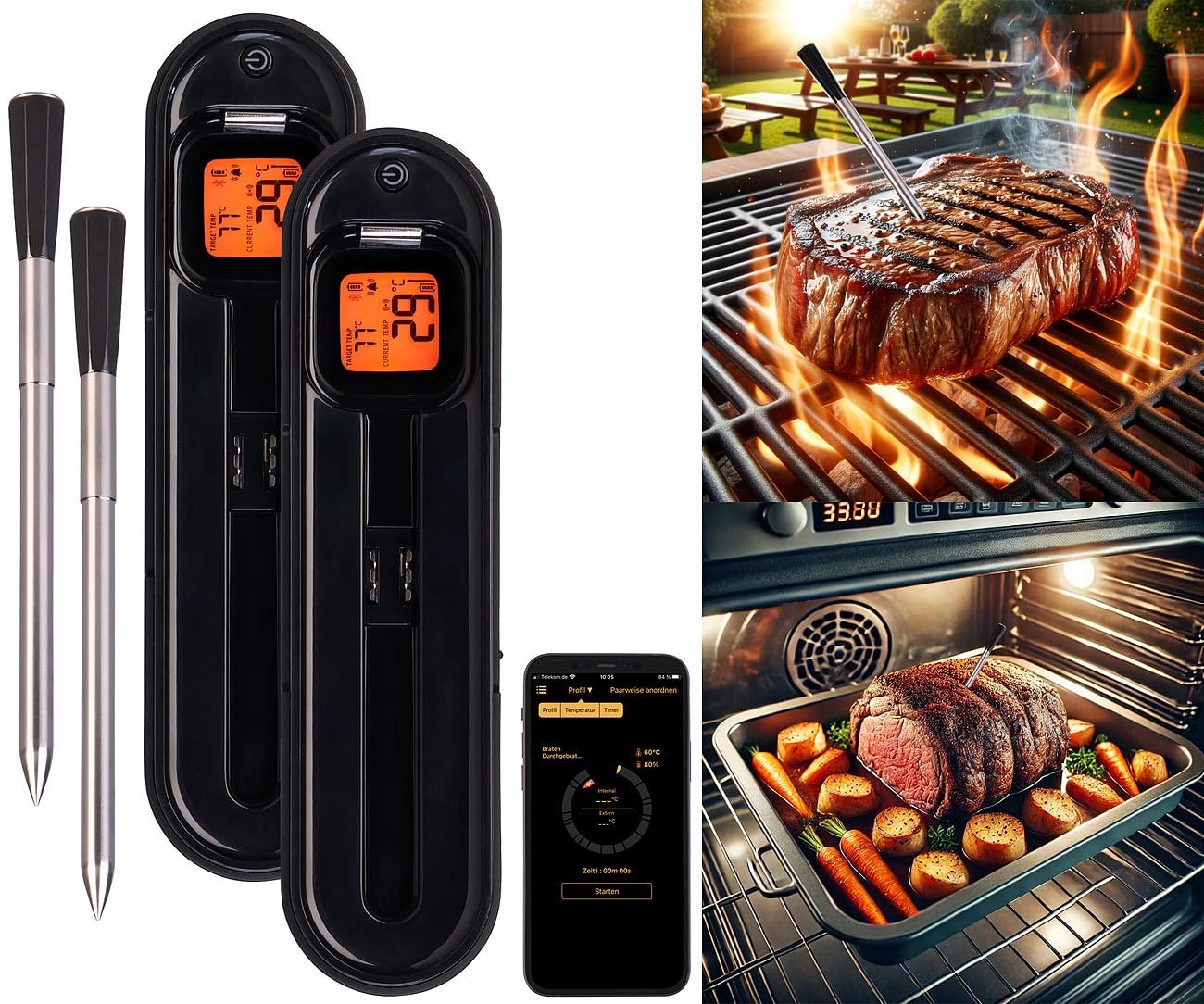 Rosenstein & Söhne Rindfleisch-Thermometer: 2er-Set kabellose smarte Fleisch-, Braten- & Grill-Thermometer,BT5,App (Grillthermometer Digital Funk, Digital-Bratenthermometer, Grillspiesse)