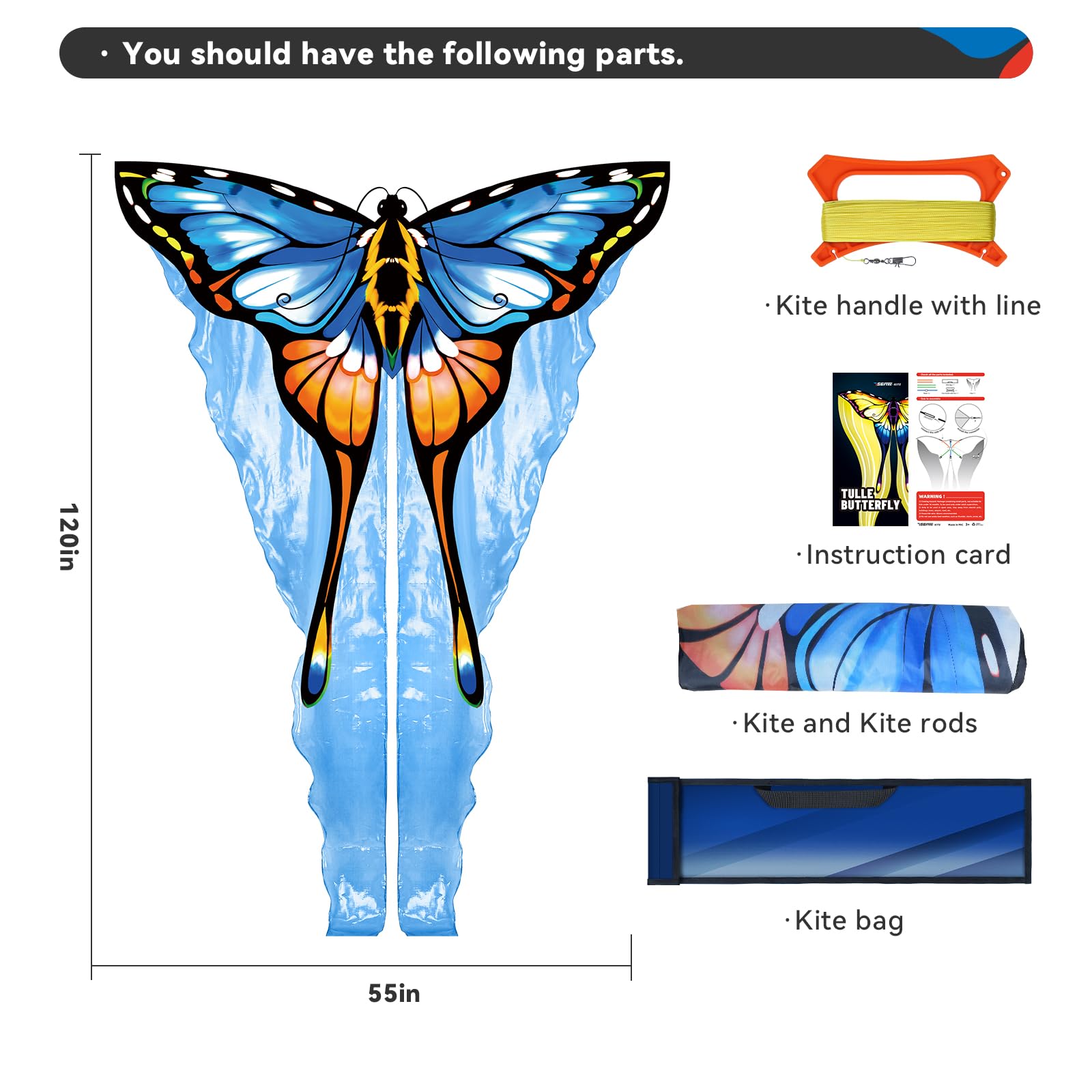 SGftre Beautiful Blue Tulle Butterfly Kites for Adult and Kids Ages 4-8?Easy to Fly with Outdoor Fun Kite Sports Adults Summer Children Kite Butterfly Toy