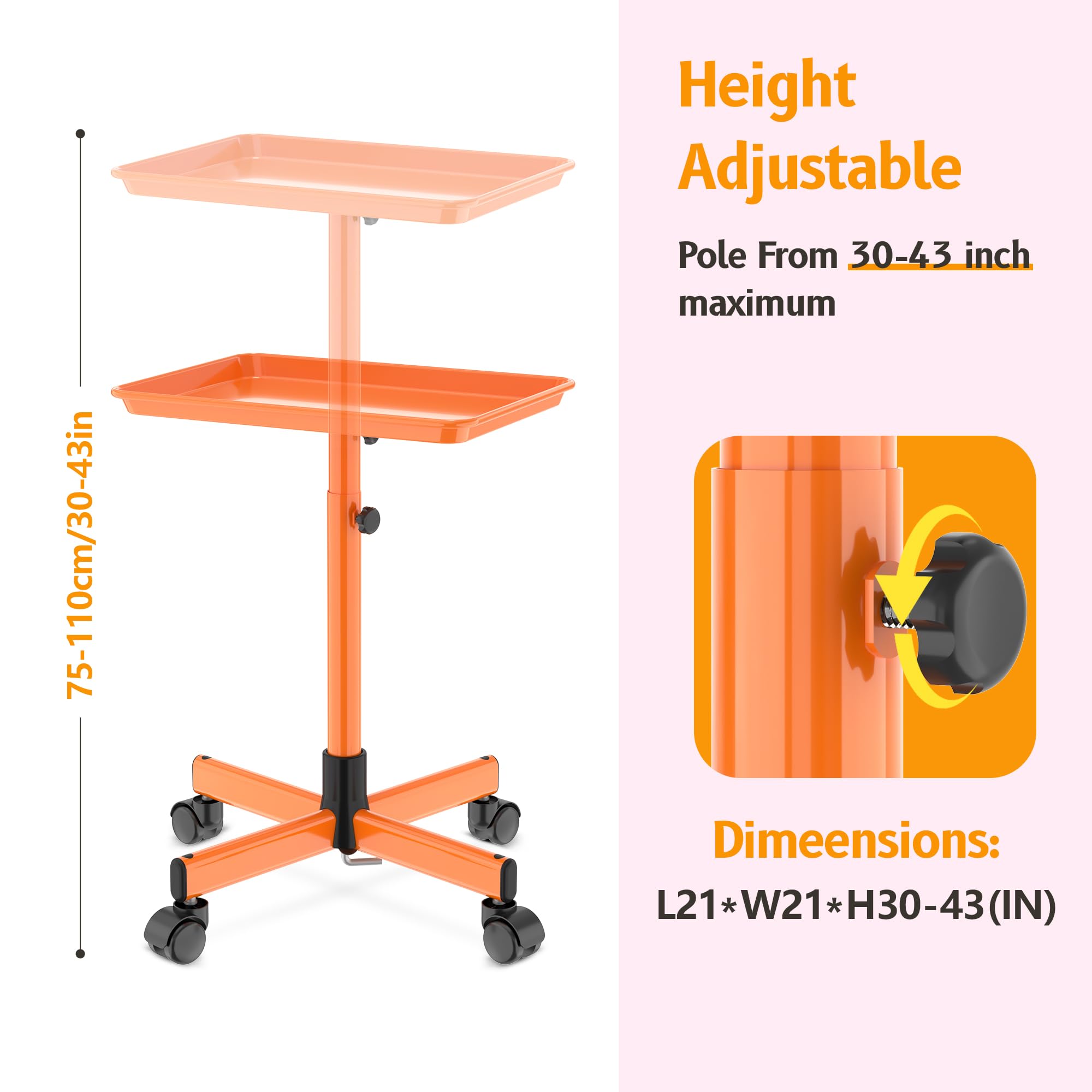 Salon Tray on Wheels - Premium Aluminum Tattoo Tray Rolling Trolley - Adjustable Salon Service Rolling Tray Hairdresser Cart with Clinic Spa Rolling Tray Wheels ()