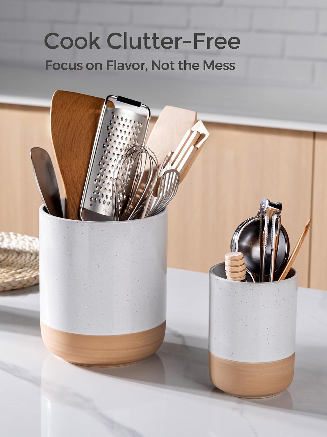 AmorArc Ceramic Utensil Holder, 7.25"+5.4" Cooking Utensil Crock for Countertop, Kitchen Countertop Organizer with Rustic Terracotta Underside for Spatula, Set of 2
