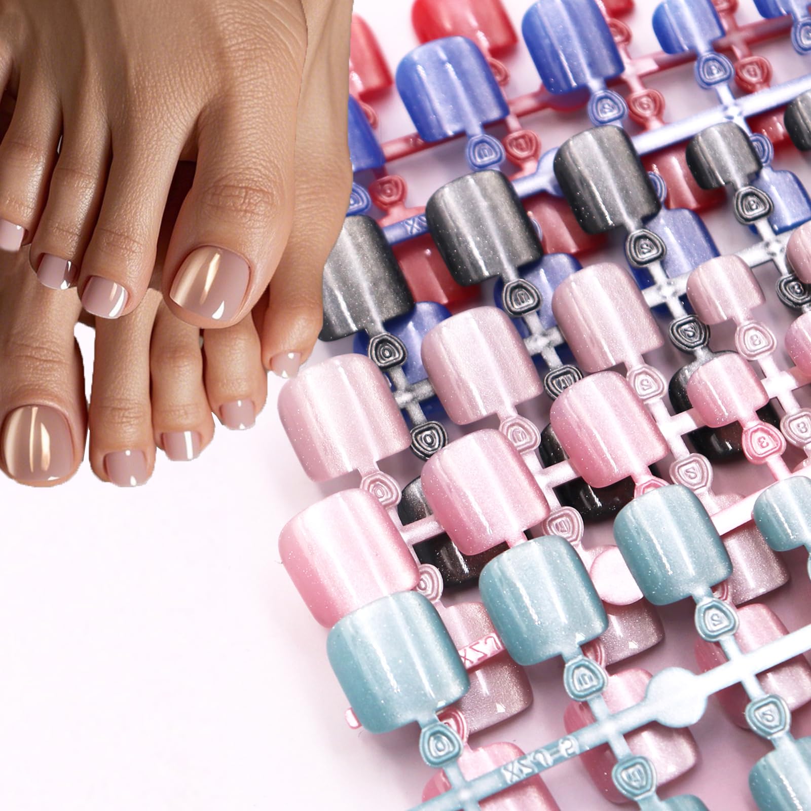 BABALAL 144PCS Press on Toenails Short Square Fake Toe Nails Glitter Shiny False Toenails Pink Nude Black Blue Red Green Galaxy Cat Eye Glossy Full Cover Acrylic Toenails Bling Toe Nails for Women