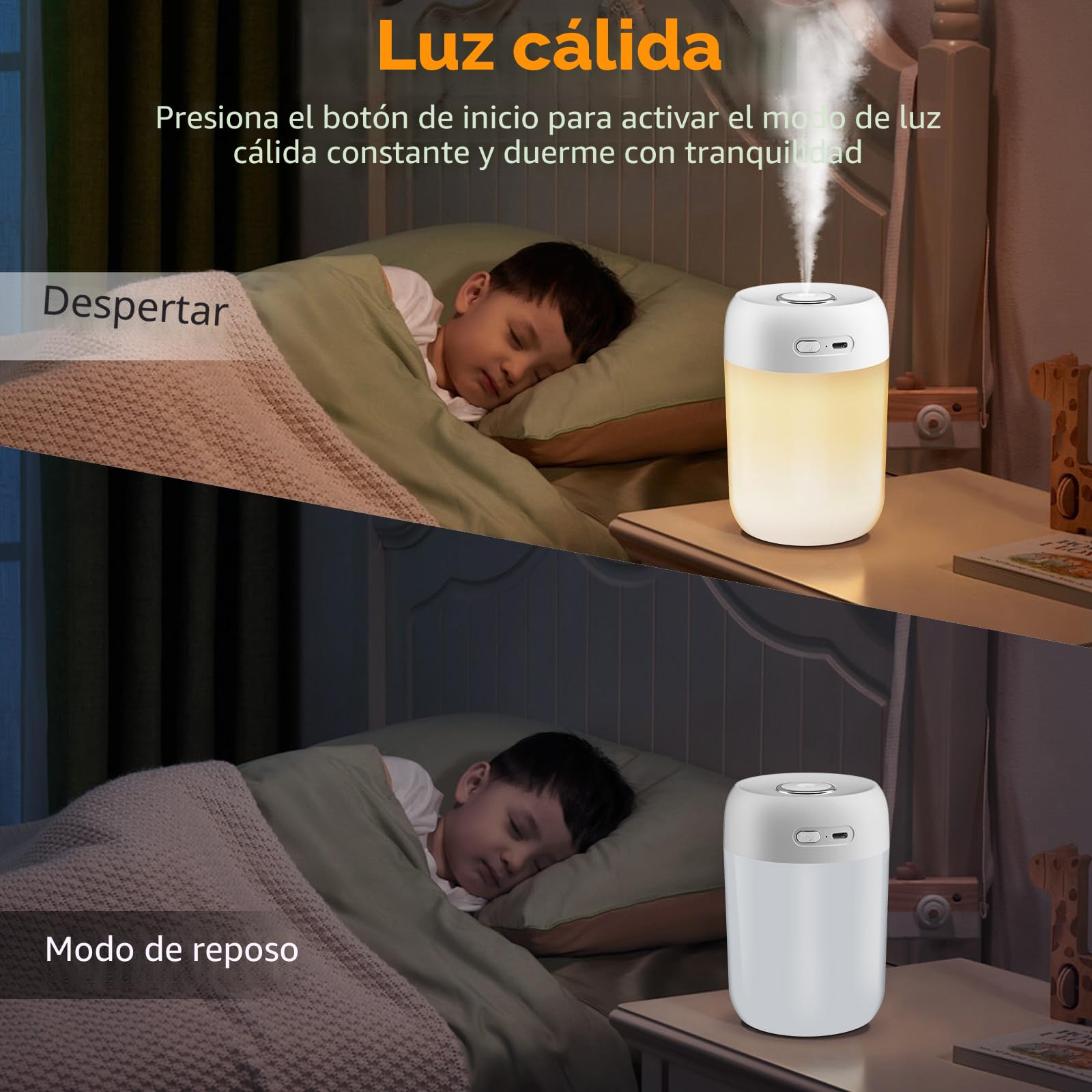 KISSLEAF mini humidificador de ambiente 650 ml para dormitorio, cuarto de niños, plantas, 15H larga duración 28 dB silencioso humidificador bebé(luz cálida)