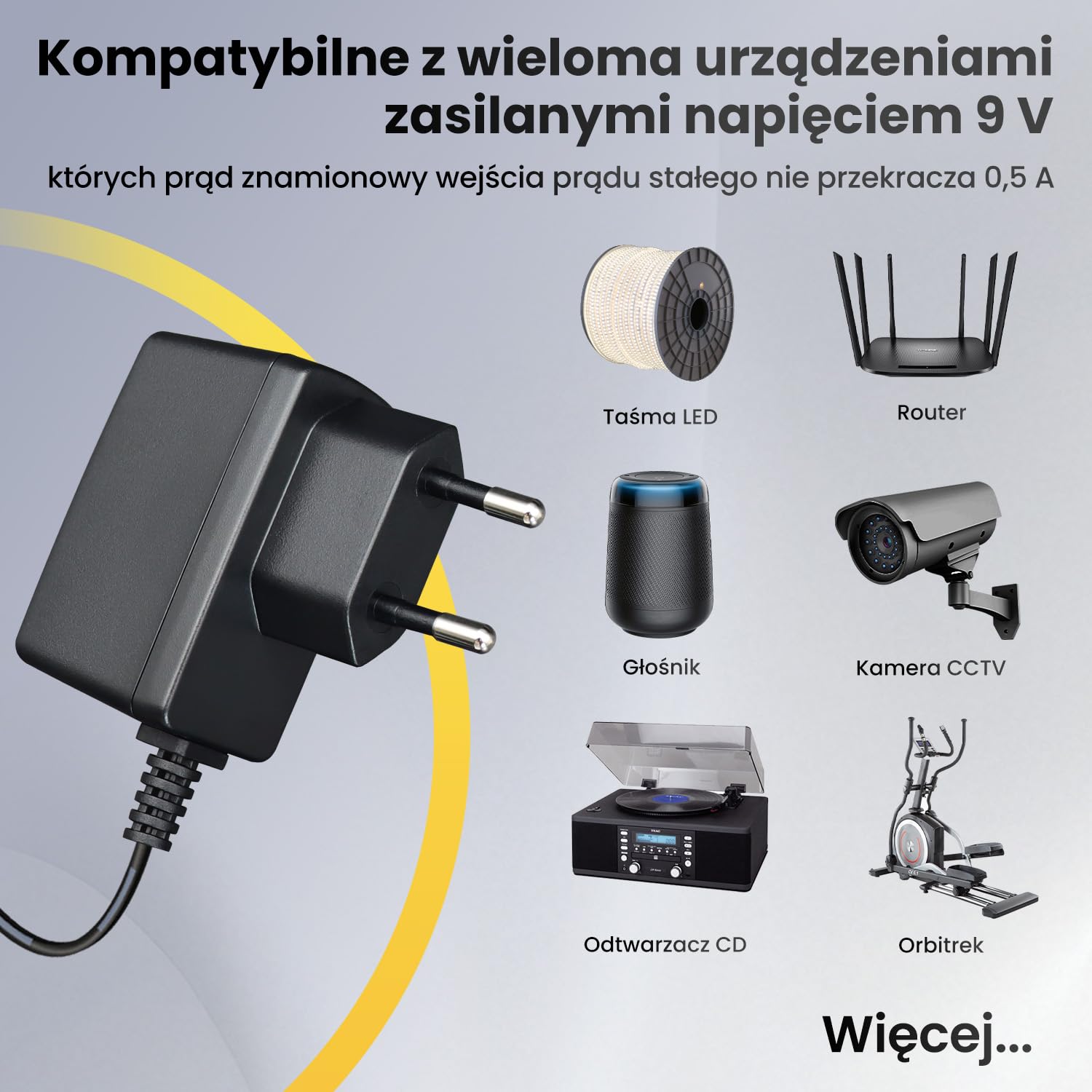 Adapter zasilacza 9 V 0,5 A 4,5 W 1,8 m, adapter przełączający AC-DC (wejście 100 – 240 V, wyjście 9 V 0,5 A), DC 9 V 5,5 x 2,1 mm, wtyczka transformatorowa do montażu na ścianie
