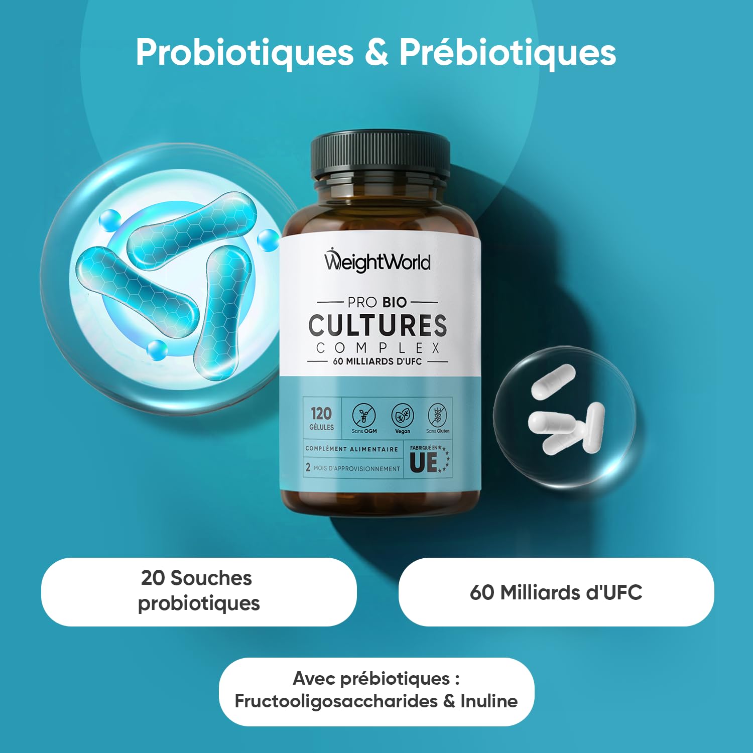 Probiotiques et Prébiotiques, 60 Milliards d'UFC 20 Souches Prébiotiques et Probiotiques, 120 Gélules Vegan, Lactobacillus Reuteri, Lactobacillus Gasseri, Plantarum, Bifidobacterium Longum, Infantis