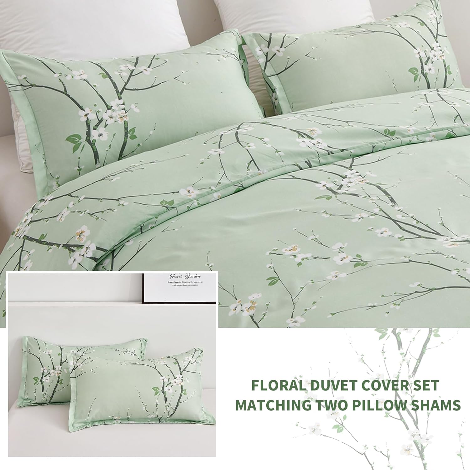 WONGS BEDDING Sage Green Floral Duvet Cover Set Queen, 3 Pieces Flower Plum Blossom Printed Bedding Set with 2 Pillow Shams, Botanical Branch Comforter Cover Set Queen Size 90"X90"(Not Comforter)