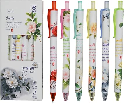 12 pieces Camellia Flower Pens, Retractable Pen Floral Pen Secret Garden Party Theme Writing Pen, 0.5mm Fine Tip Click Pens for Women, Girls, Journaling, Note-Taking, Office Supplies