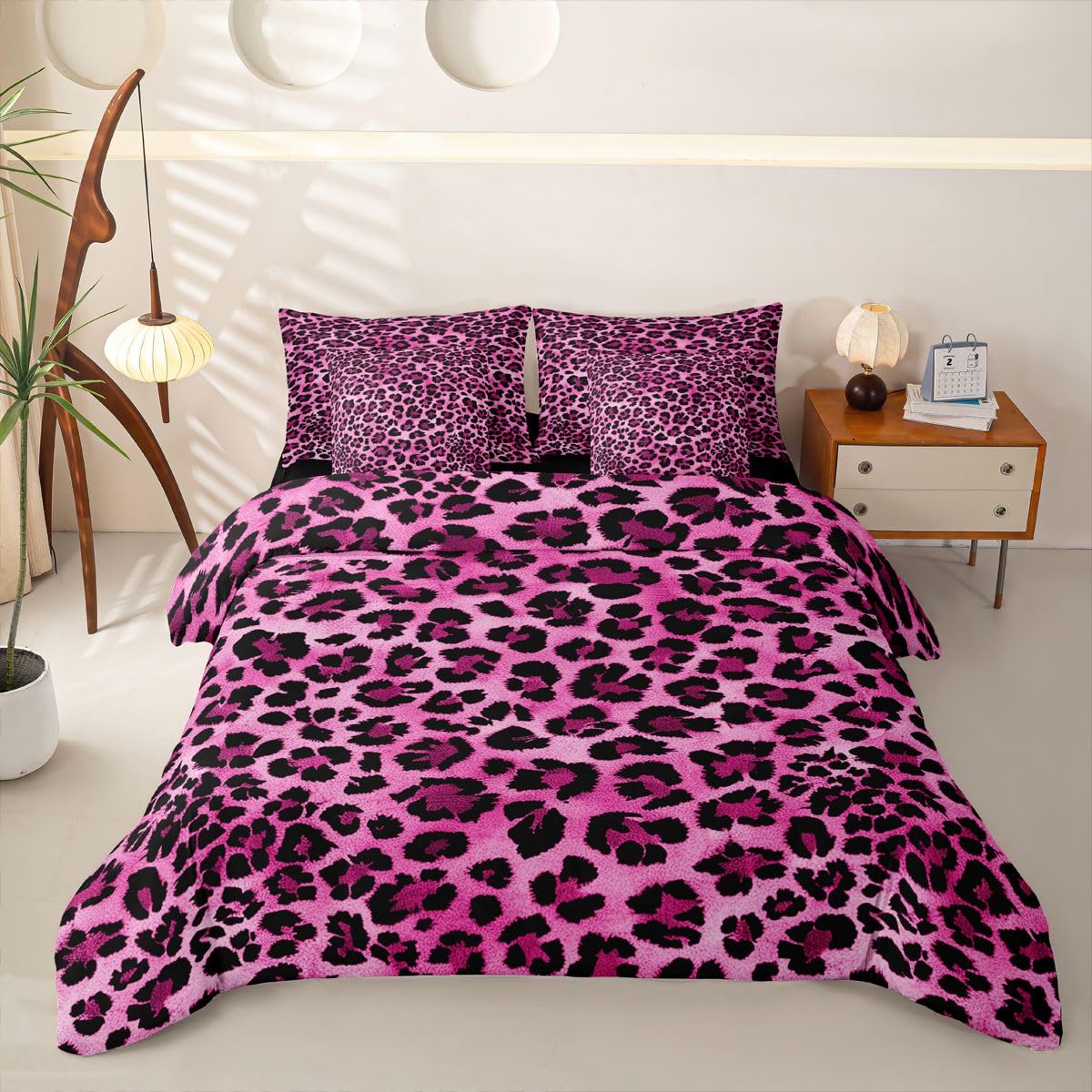 Loussiesd Set completo di biancheria da letto con copripiumino rosa leopardato per letto singolo, 7 pezzi, con stampa animalier, copripiumino, lenzuola, federe, federe