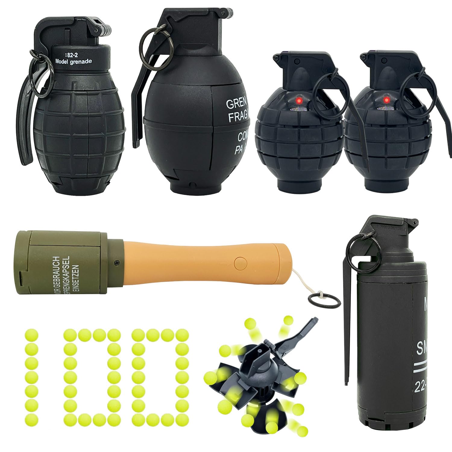 6pcs Toy-Hand Grenade for CS Battle Game, with 100 Foam Ammo Tactical CS-Grenade Toy, 4pcs Pull Ring Grenade Toys & 2 pcs Hand Grenades for Age 14 Years Old and up