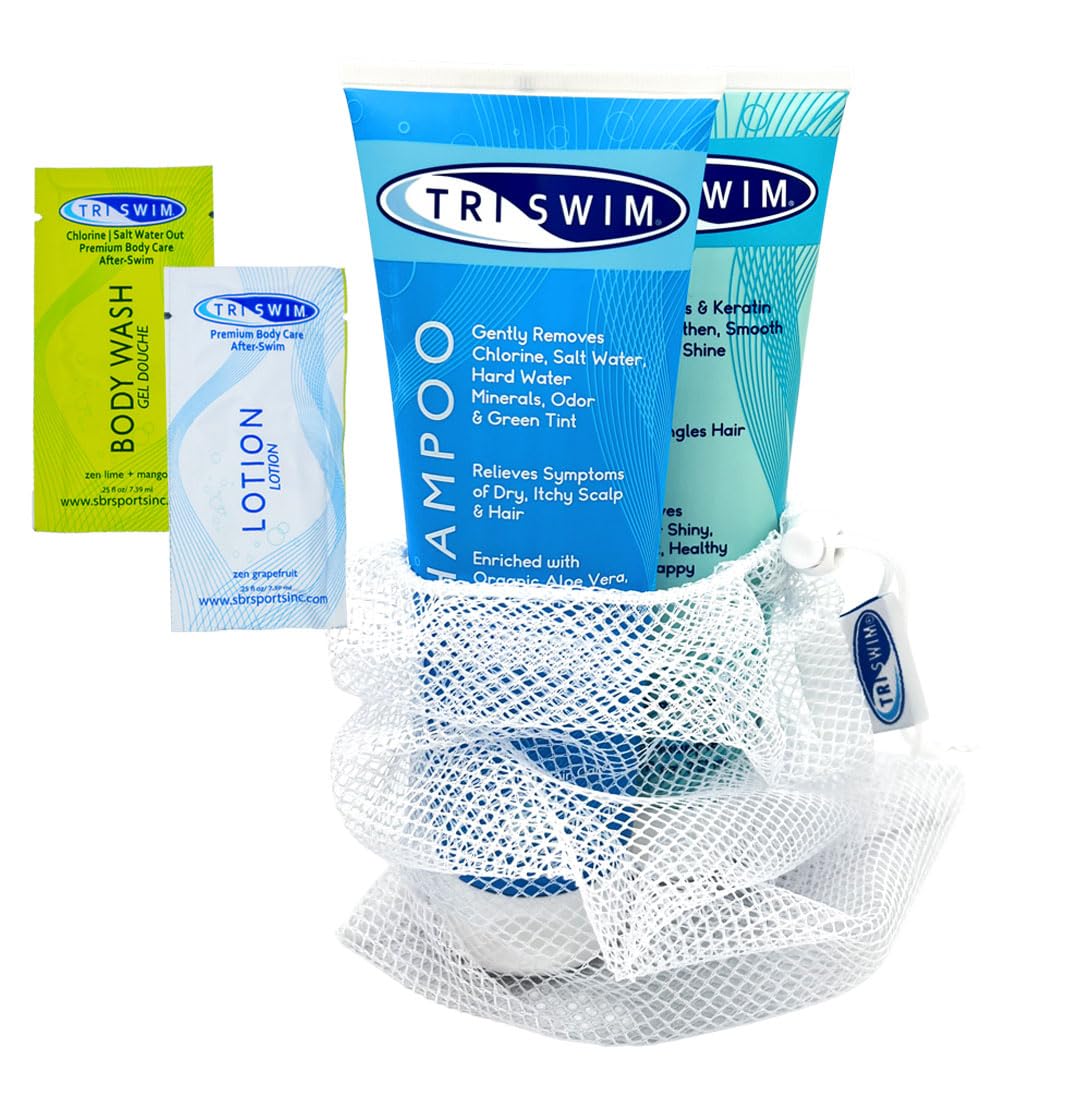 TRISWIMHair Care Gift Set | Chlorine Shampoo and Conditioner for Swimmers, 8.5 fl oz | Paraben-Free with Aloe Vera and Chamomile | Restores Chlorine-Damaged Hair | Includes Body wash & Lotion Samples