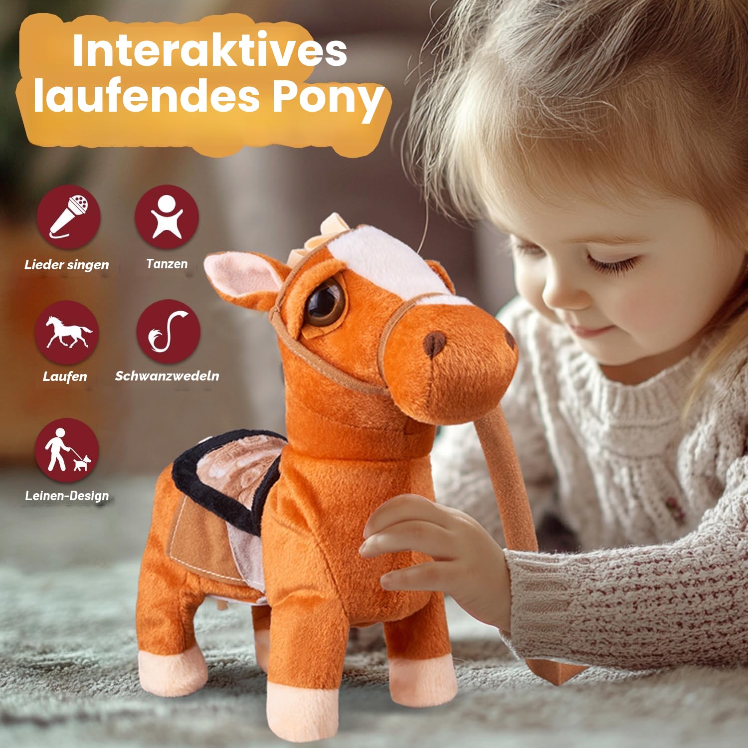 Marsjoy Braun Plüschtier Interaktives Pony Spielzeug Pferd der Läuft und Bellt, Kinder Mädchen Spielzeug, Elektronisches Haustier Plüschtier mit Gehen, Bellen Singen Funktion Lauf- und Soundfunktion