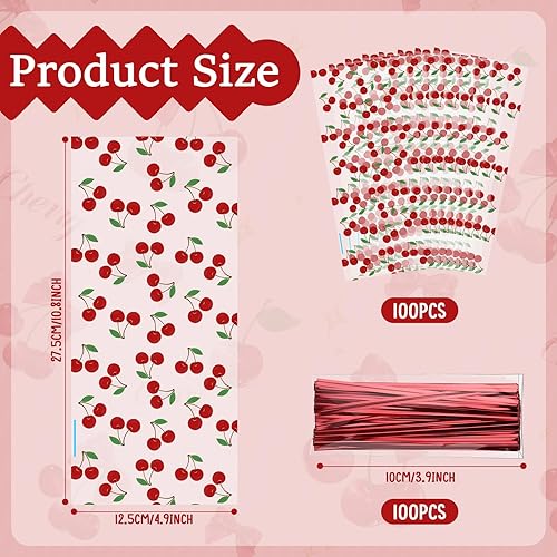 Miniatura 2 de Yexiya 100 bolsas transparentes de celofán de cerezas rojas para golosinas, bolsa de regalo con lazos de cinta, bolsas de plástico impresas de