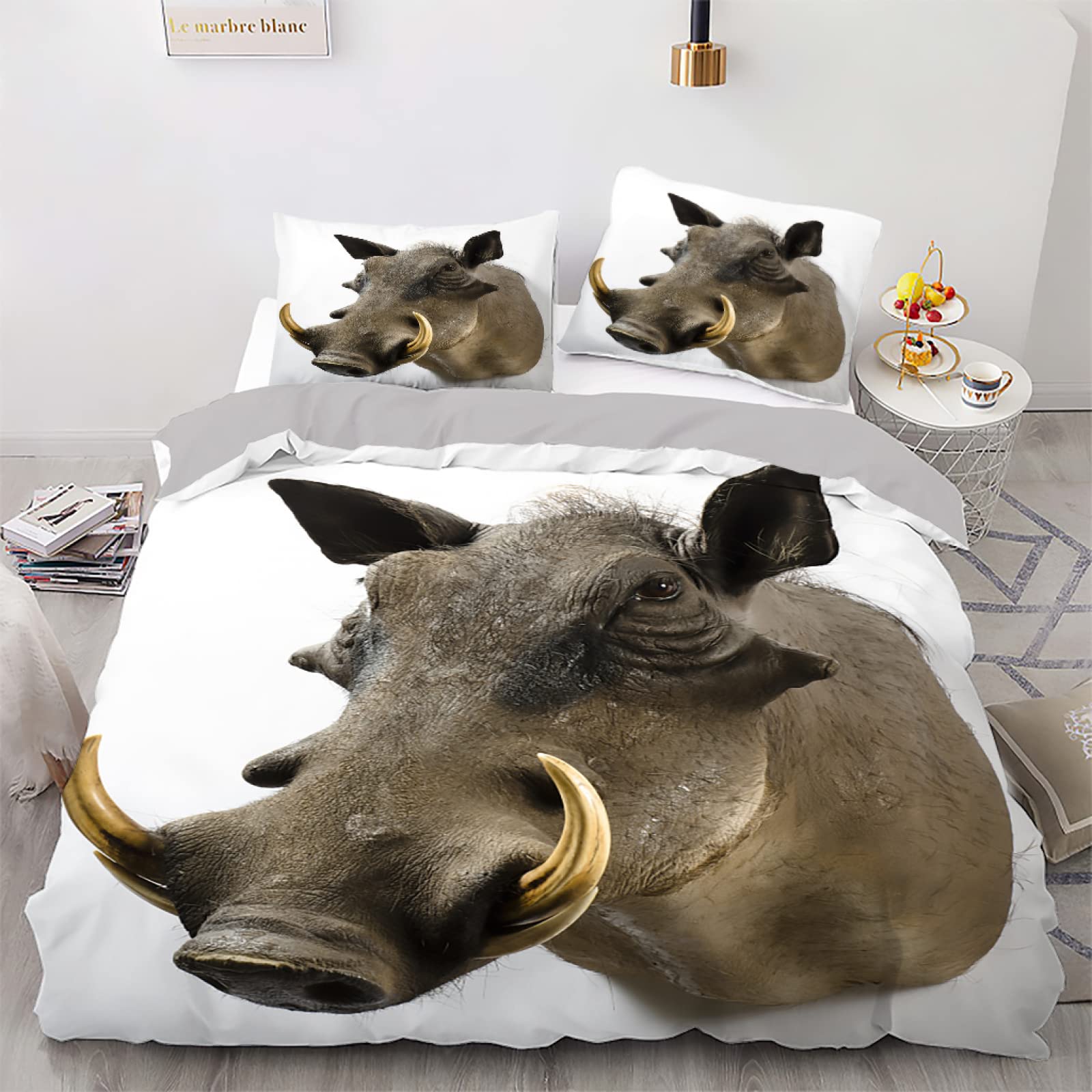 Housse de couette 140x200 sanglier blanc avec zip pour un lit d'enfant facile à border