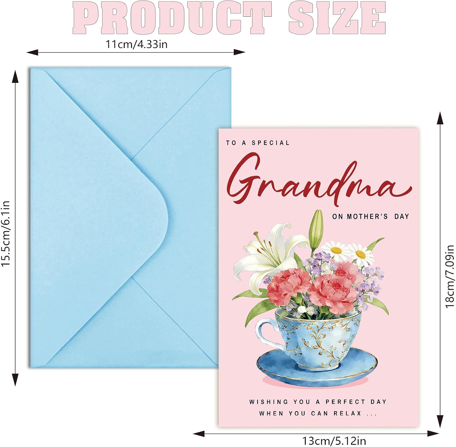Grandma Mother's Day Card - Pink Happy Mother's Day Card for Grandma, Lily Flower Greeting Card Gifts with Blue Envelopes from Grandson Granddaughter