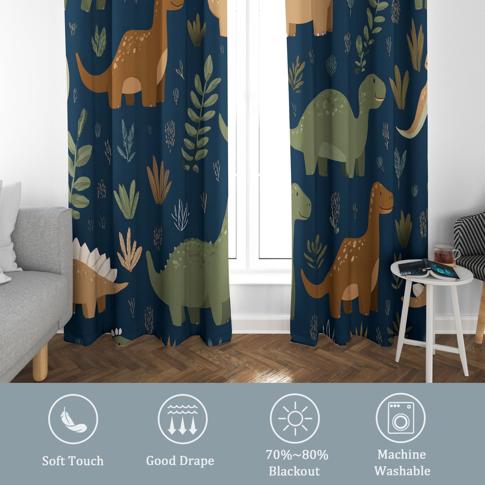 Rideaux Motif Enfants Dinosaures - Rideau Occultant Mignon Dino Animaux, Lot de 2 Rideaux Imprimé, Decoration Chambre Salon Cuisine, Draperies Intérieurs à Oeillets L 140 x H 180 T&YH-42
