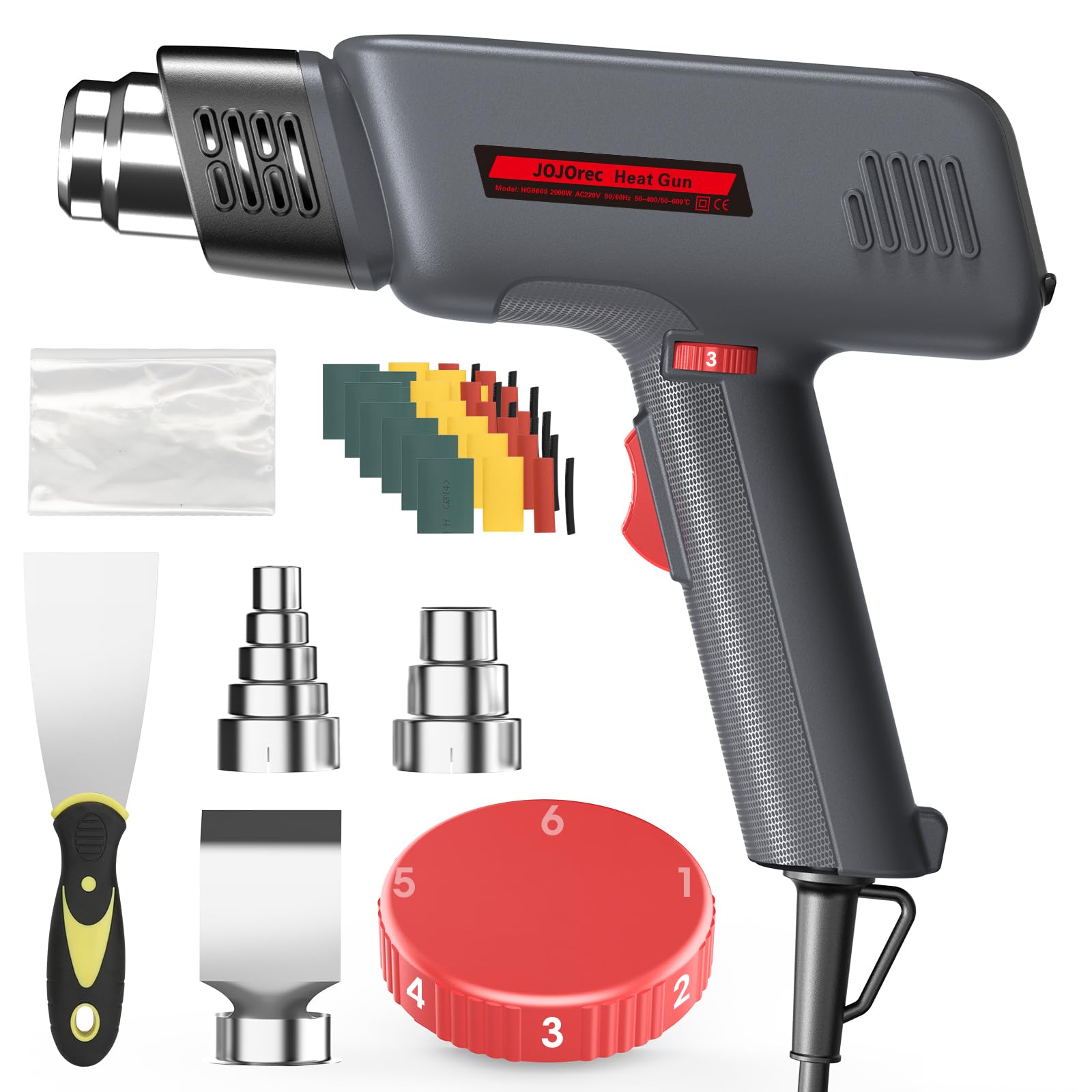 JOJOrec 2000W PROFI-Heißluftpistole, Variable Temperaturregelung 50°C–600°C Heissluftgebläse mit 6 Zubehör, Keramik-Heizkern, Überlastschutz, Elek-Heißluftfön Schnelle Erwärmung heat gun (2025 Neu)