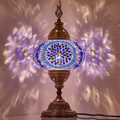 DEMMEX – 7" Large Globe Turkish Moroccan Mosaic Table Lamp, Handcrafted Tiffany-Style Colorful Glass Bedside Desk Table Light, Artisan Decor for Living Room Bedroom, Bulb Included – 14"H (Navy&Purple)