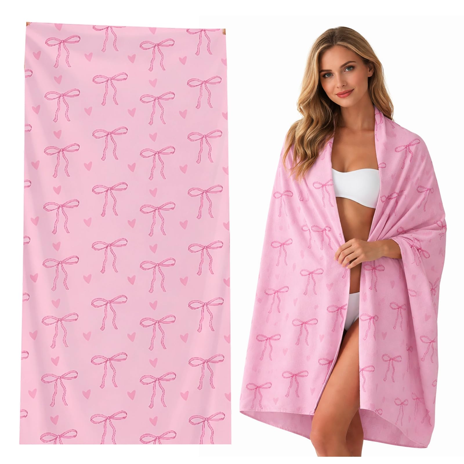 GYTFOG Pink Bow Beach Towel, Blanket Cute Throw Blankets, Swimming Towel Single Face Printing, Pink Towel for Pool and Bath Use,Travel Christmas Birthday Gifts, Soft and Absorbent Fabric