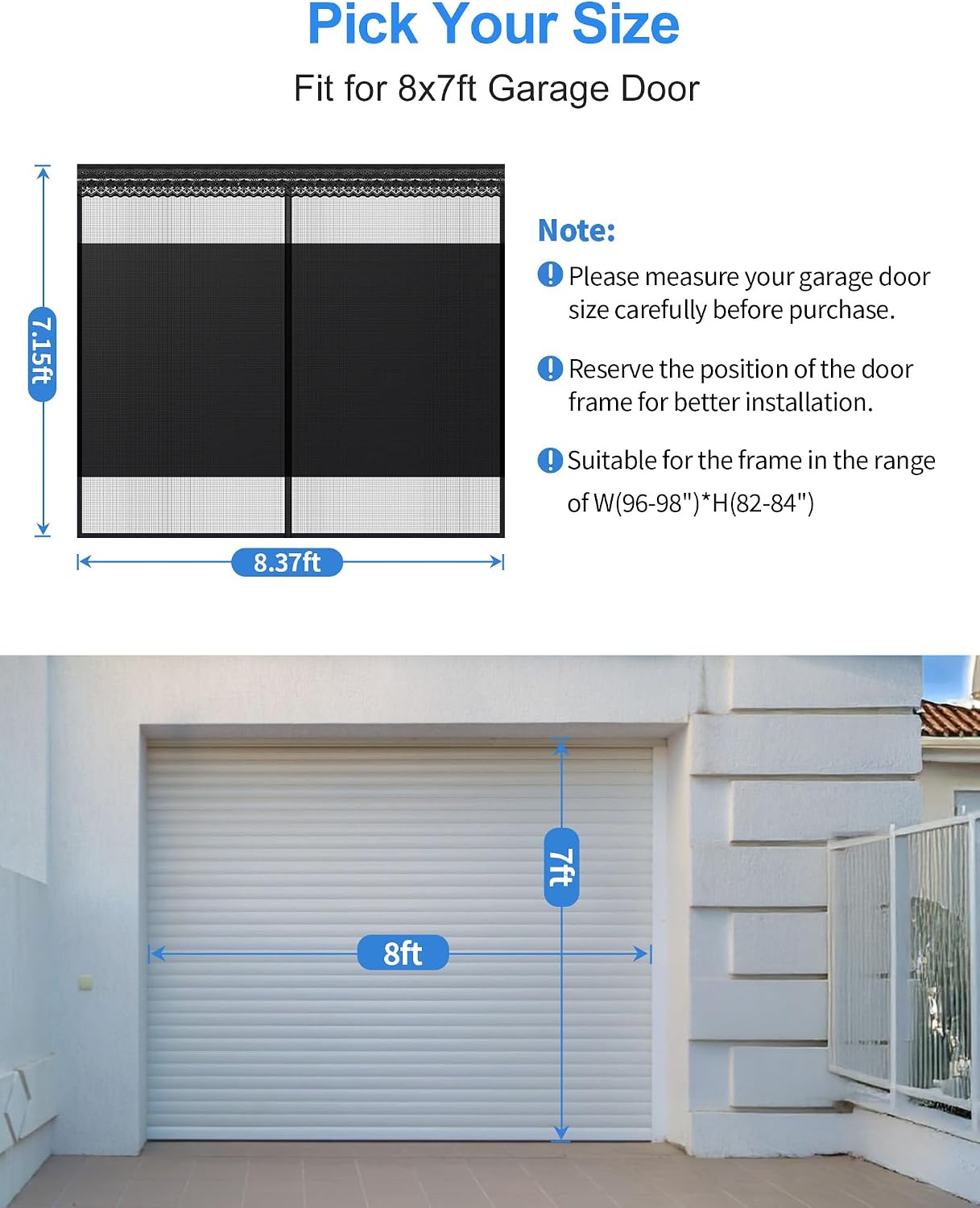 Privacy Garage Door Screen for Single Car Garage 8x7ft - Retractable Slide Track System, Heavy Duty PET Mesh with Blackout Privacy Panel, Magnetic Closure, Keeps Bugs Out, Fits Garage Opening 8 x 7 Ft
